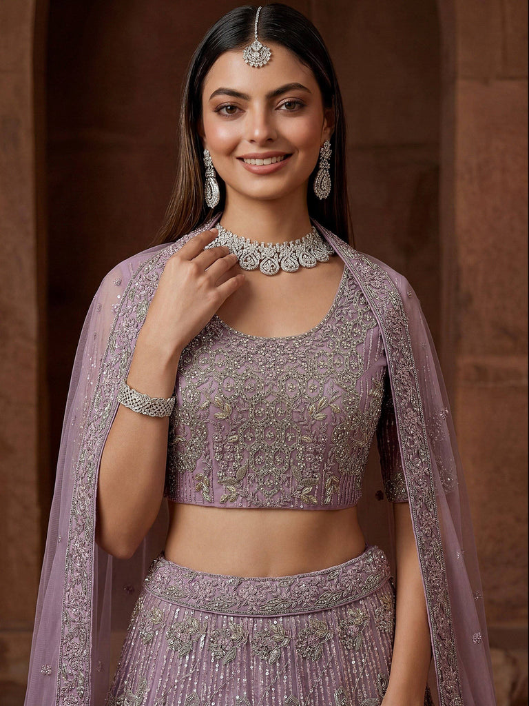 Breathtaking Lavender Zircon Work Net Bridesmaid Lehenga With Blouse