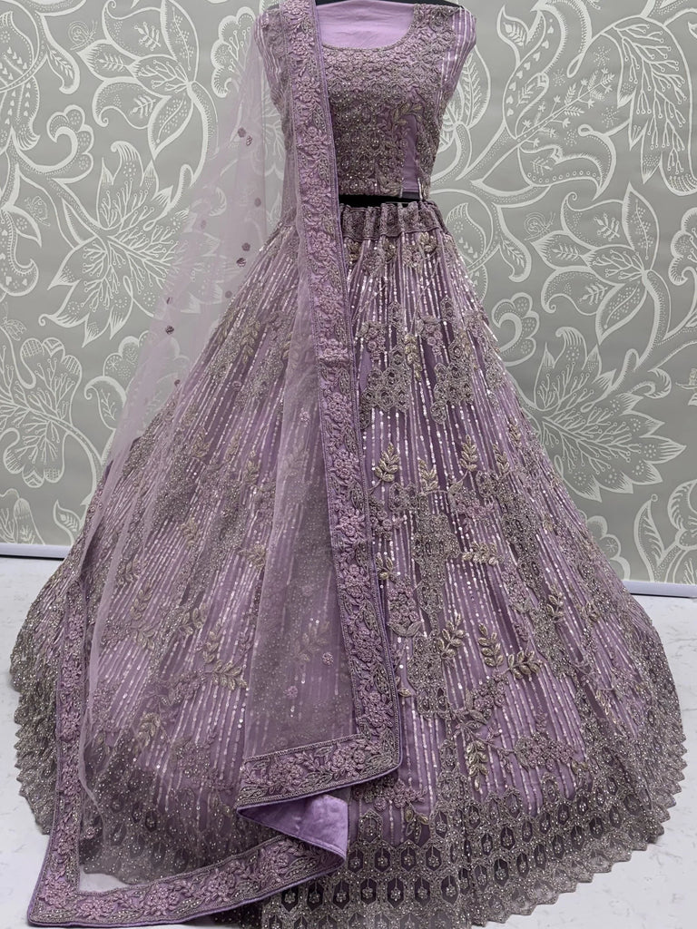 Breathtaking Lavender Zircon Work Net Bridesmaid Lehenga With Blouse