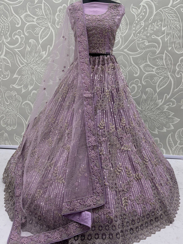 Breathtaking Lavender Zircon Work Net Bridesmaid Lehenga With Blouse