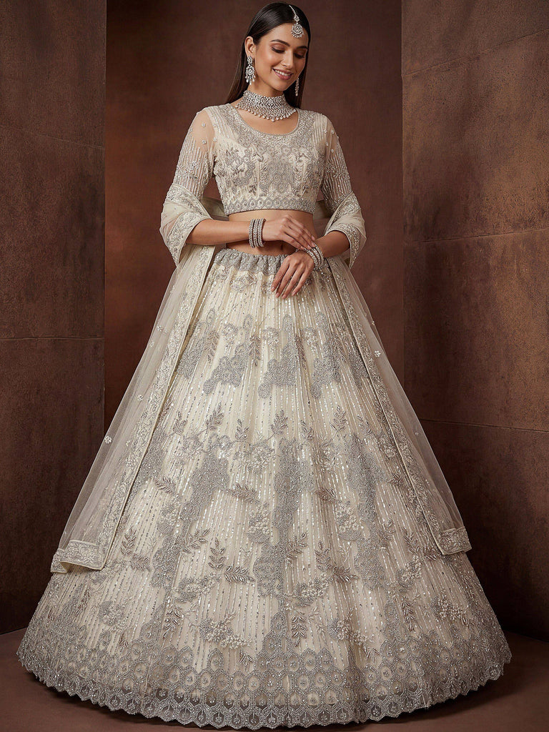 Noteworthy Beige Sequins Net Sangeet Wear Lehenga Choli With Dupatta