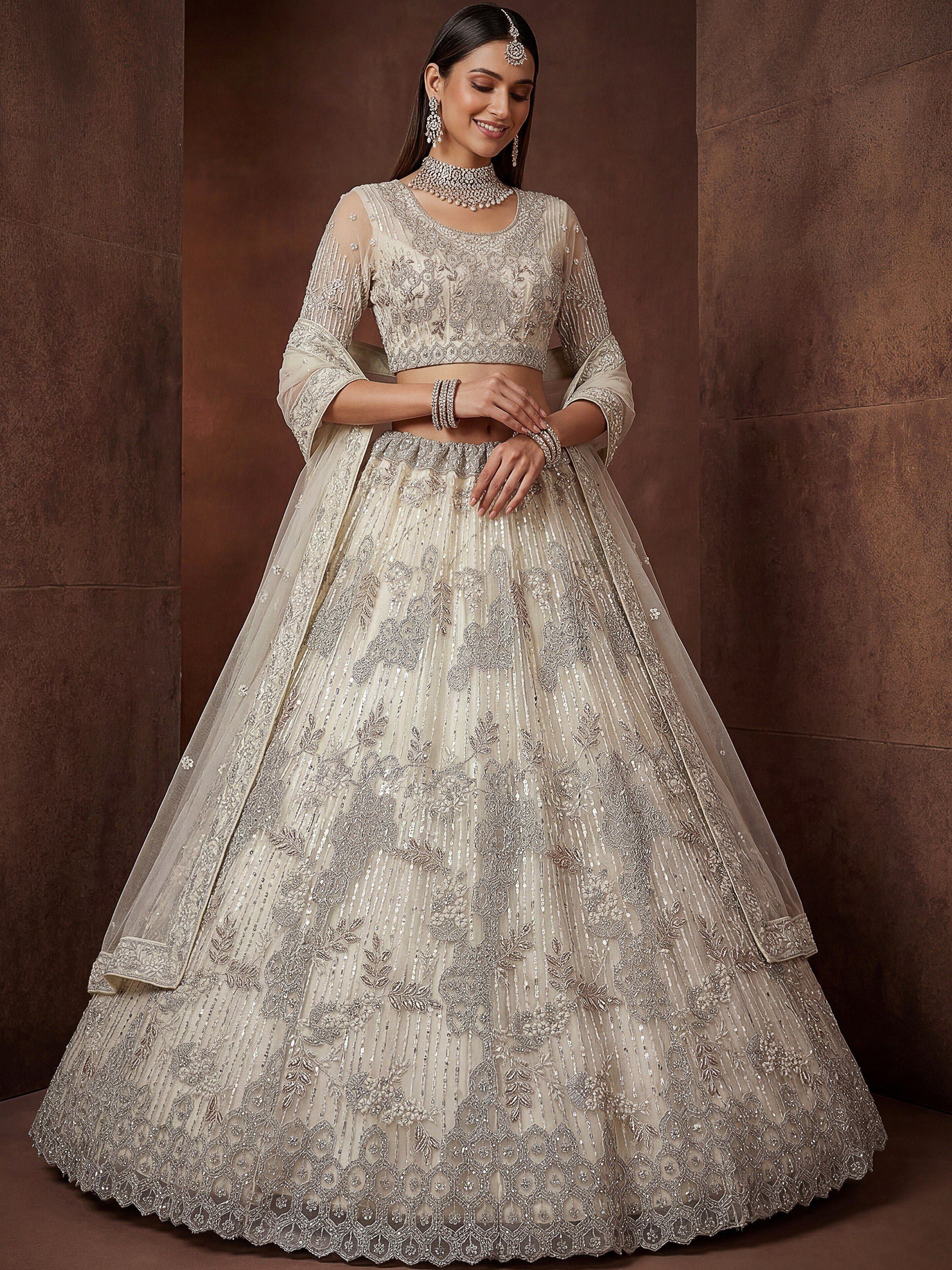 Noteworthy Beige Sequins Net Sangeet Wear Lehenga Choli With Dupatta