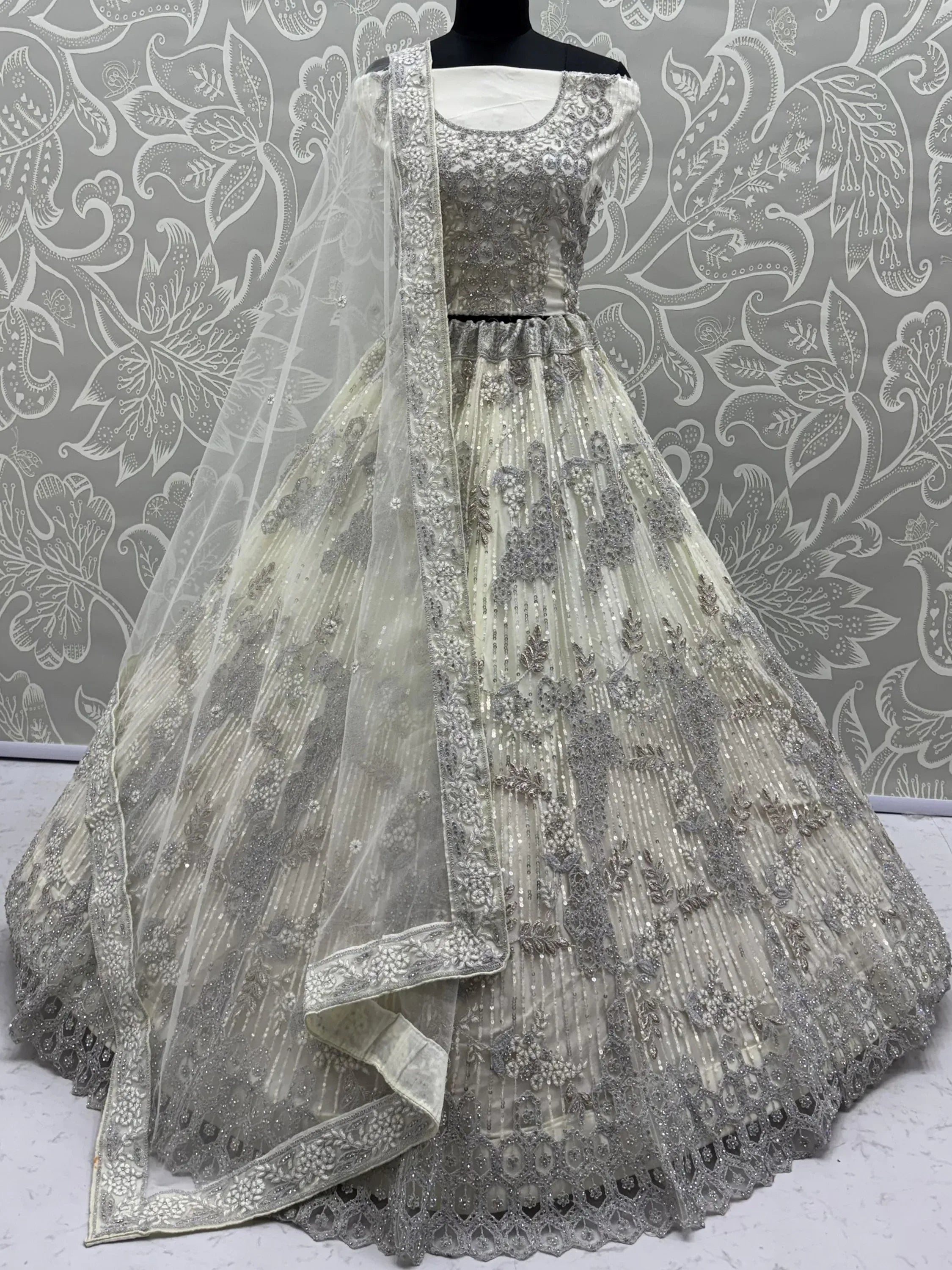 Noteworthy Beige Sequins Net Sangeet Wear Lehenga Choli With Dupatta