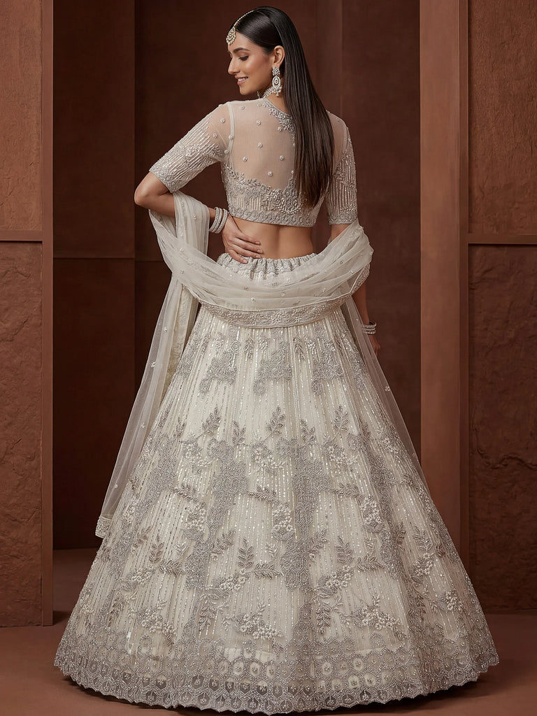 Noteworthy Beige Sequins Net Sangeet Wear Lehenga Choli With Dupatta
