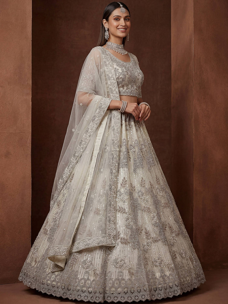 Noteworthy Beige Sequins Net Sangeet Wear Lehenga Choli With Dupatta