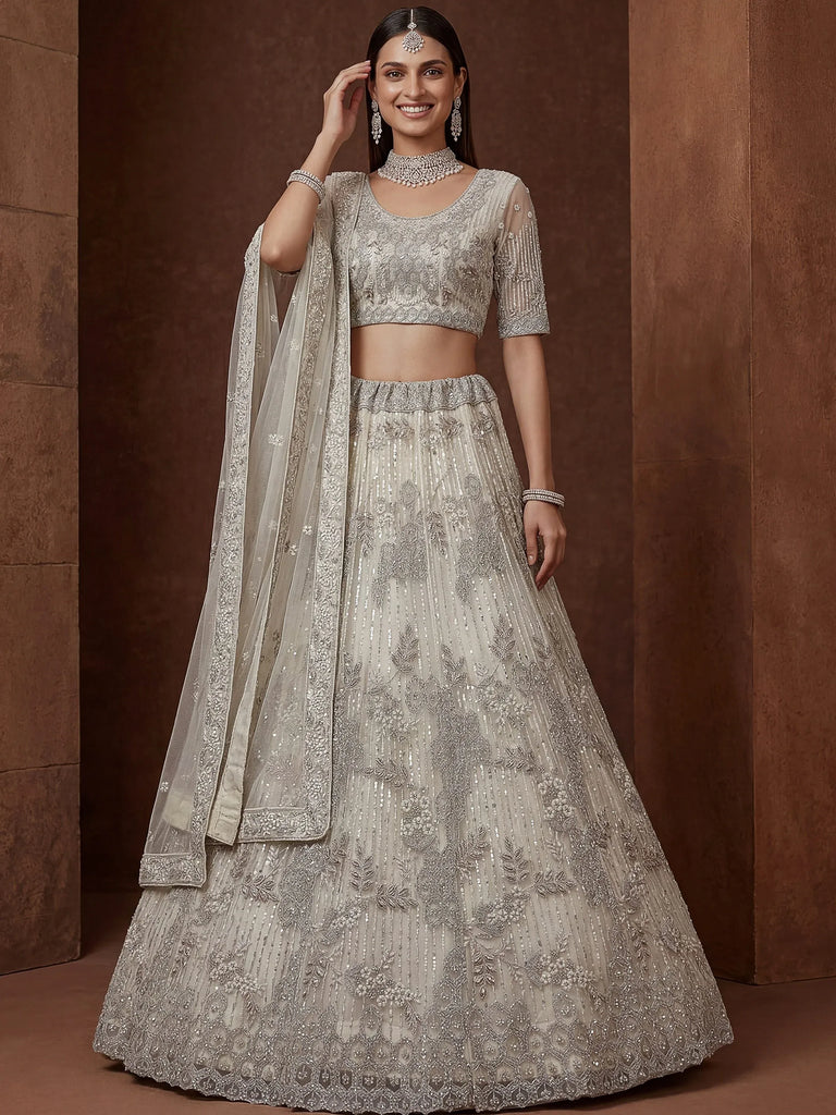 Noteworthy Beige Sequins Net Sangeet Wear Lehenga Choli With Dupatta