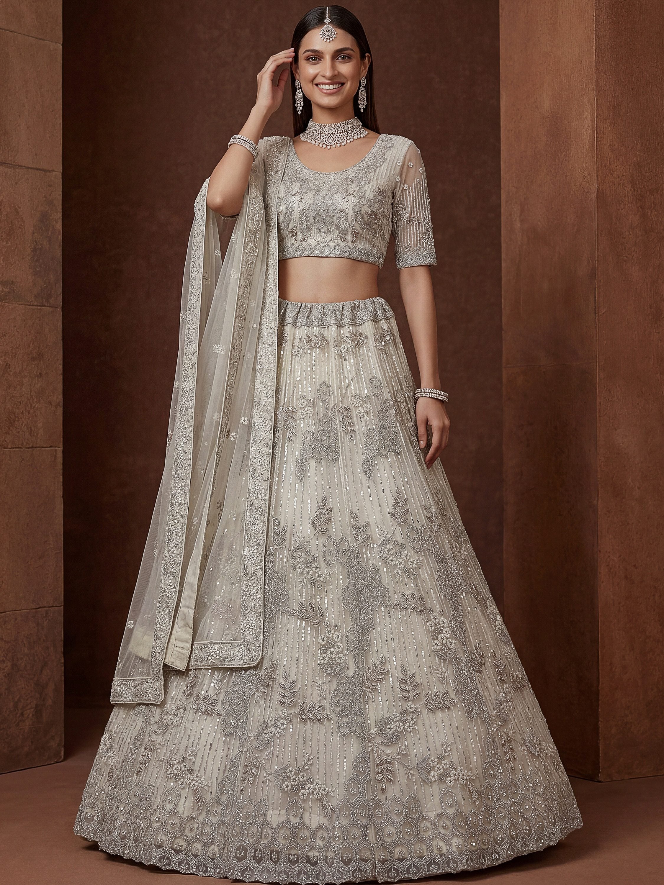 Noteworthy Beige Sequins Net Sangeet Wear Lehenga Choli With Dupatta