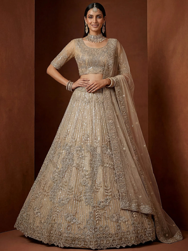 Noteworthy Beige Sequins Net Sangeet Wear Lehenga Choli With Dupatta
