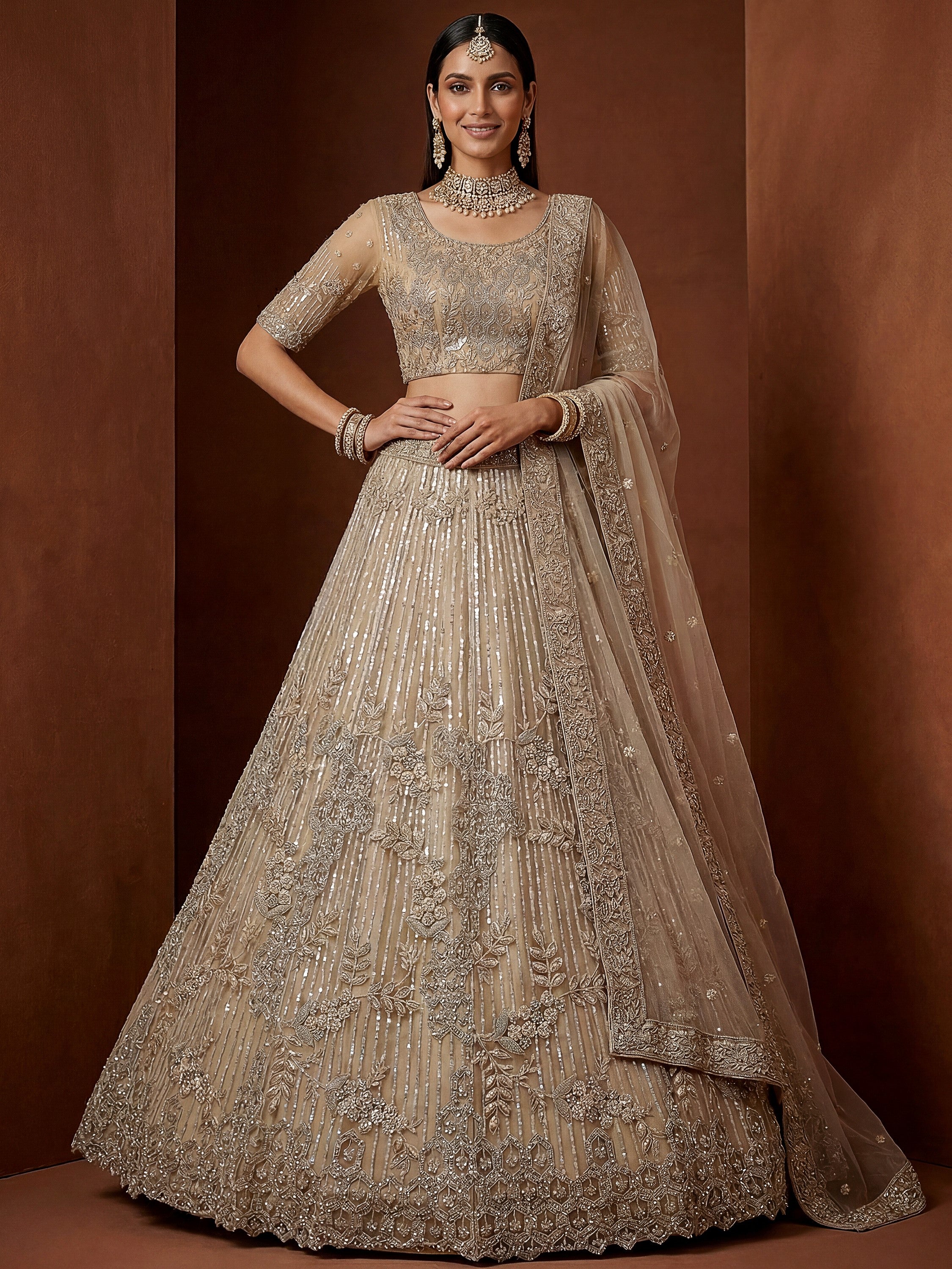 Noteworthy Beige Sequins Net Sangeet Wear Lehenga Choli With Dupatta