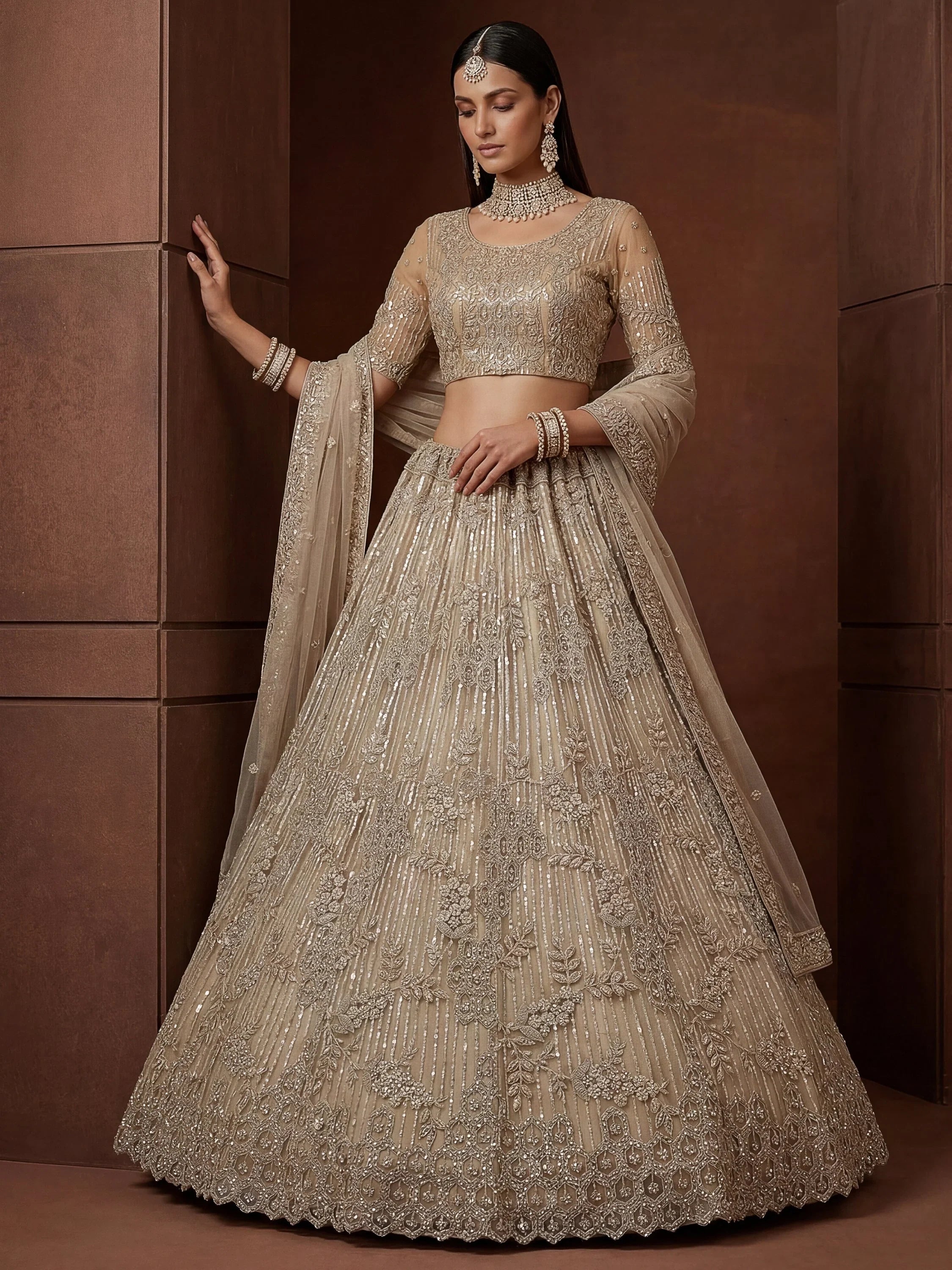 Noteworthy Beige Sequins Net Sangeet Wear Lehenga Choli With Dupatta