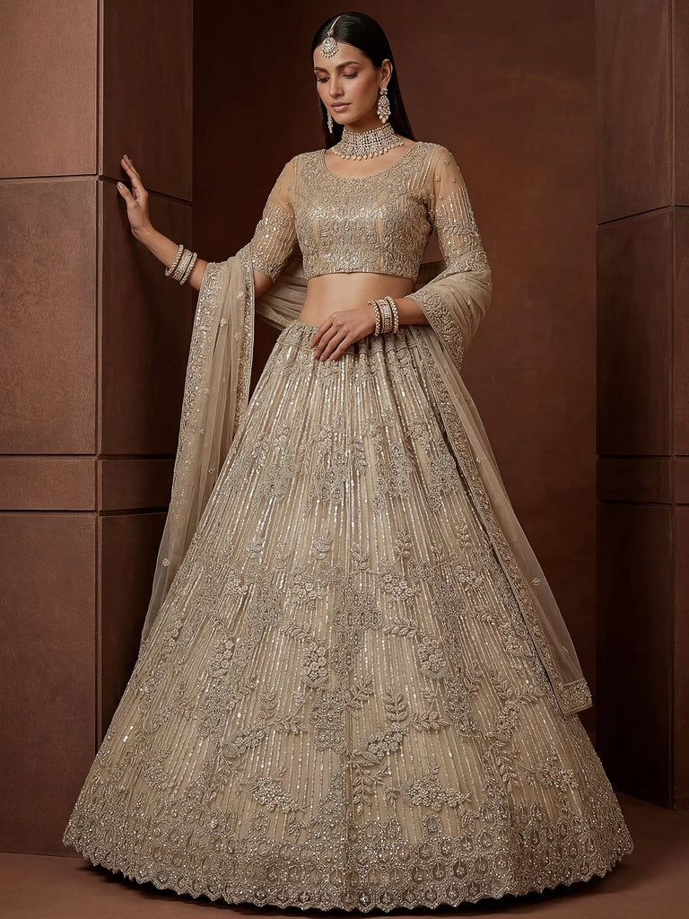 Noteworthy Beige Sequins Net Sangeet Wear Lehenga Choli With Dupatta