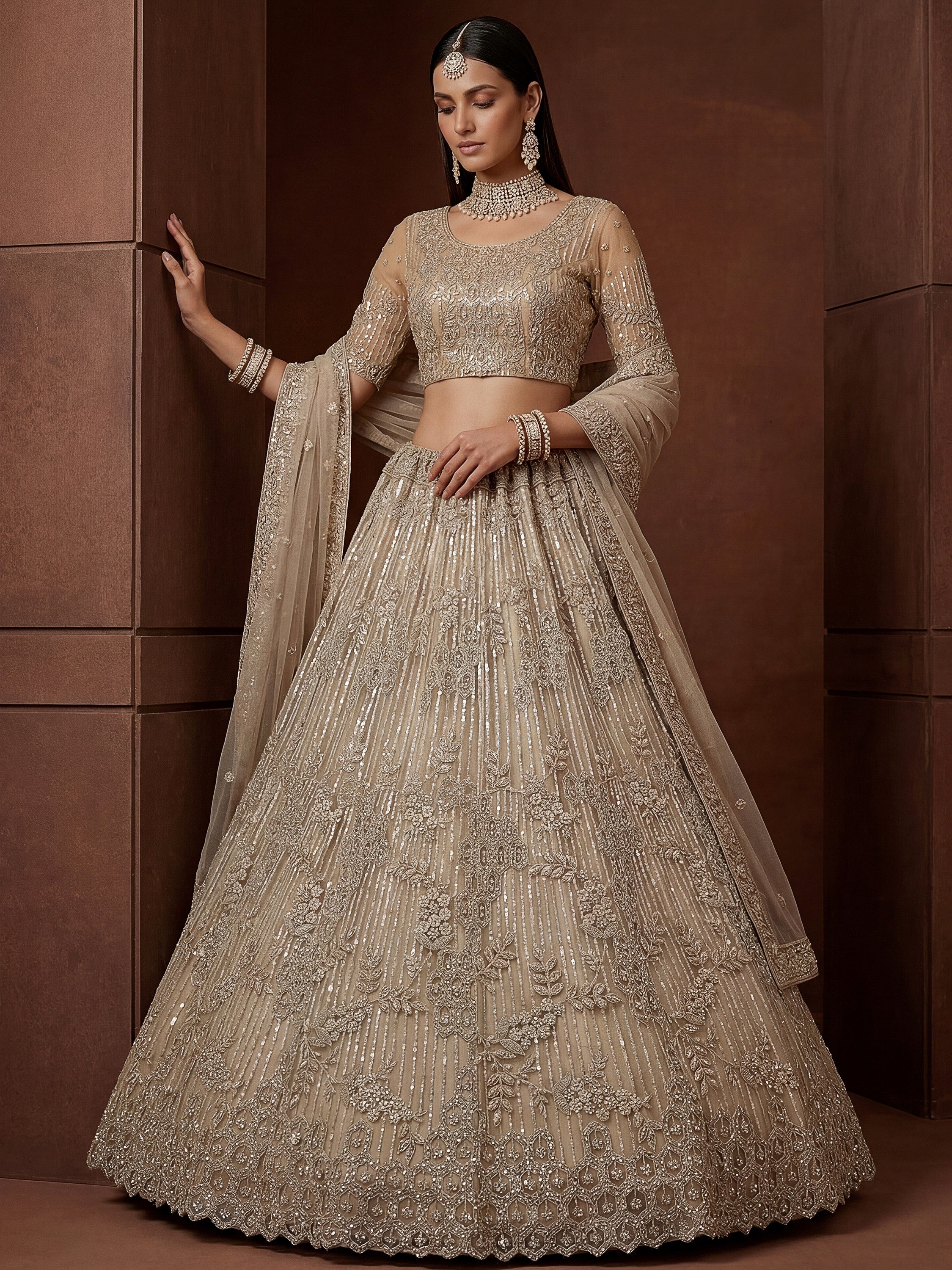 Noteworthy Beige Sequins Net Sangeet Wear Lehenga Choli With Dupatta