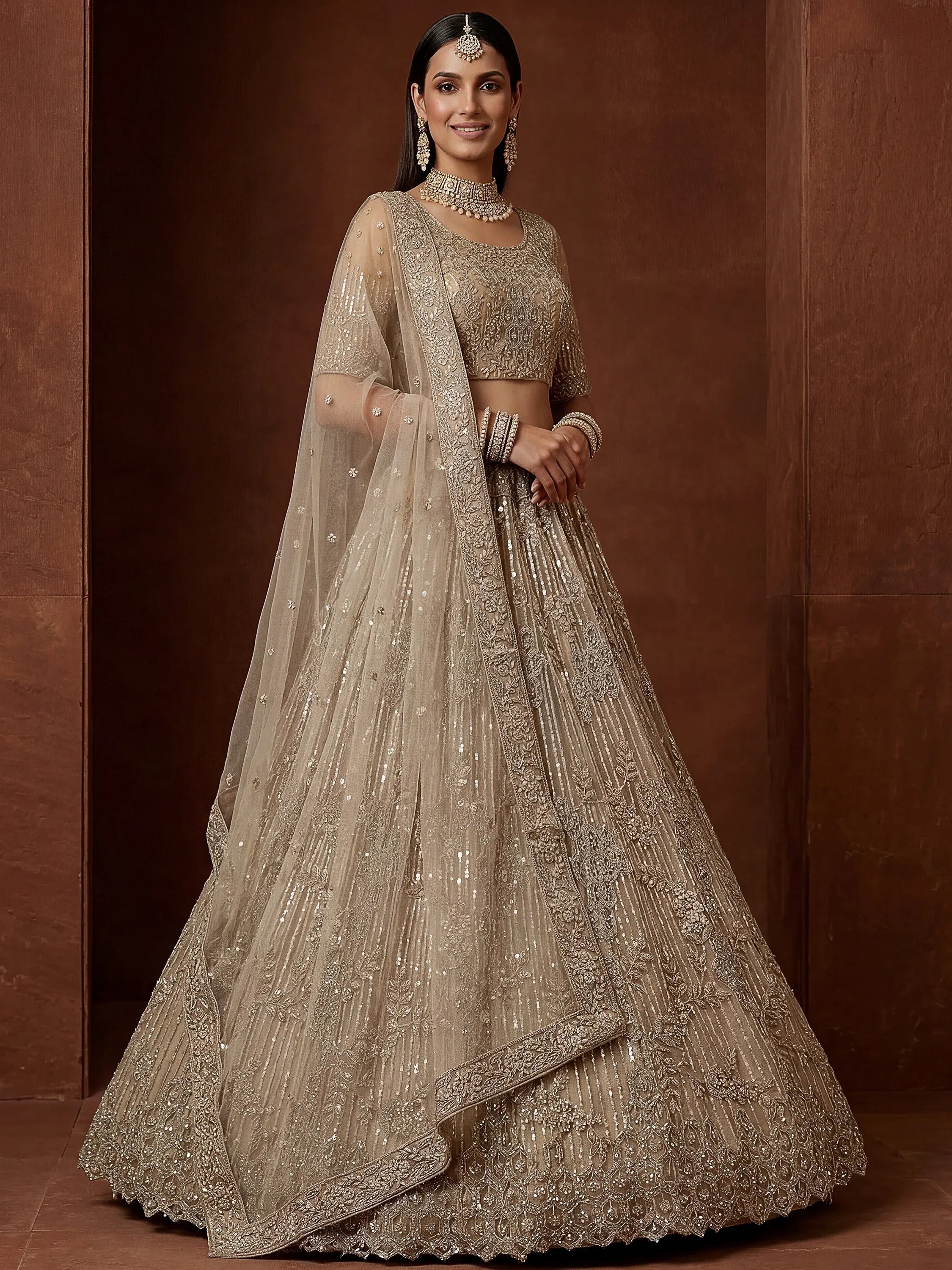 Noteworthy Beige Sequins Net Sangeet Wear Lehenga Choli With Dupatta