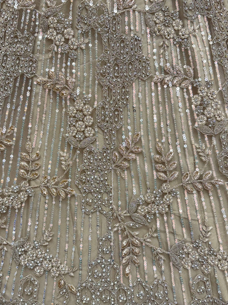 Noteworthy Beige Sequins Net Sangeet Wear Lehenga Choli With Dupatta