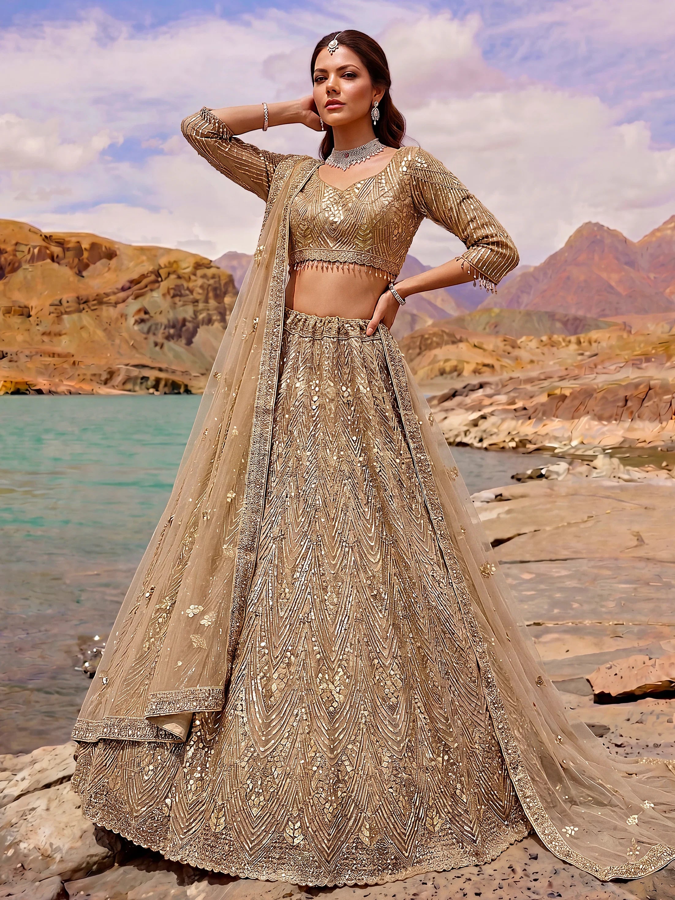 Luxiora Gold Sequins Art Net Reception Wear Lehenga Choli With Dupatta