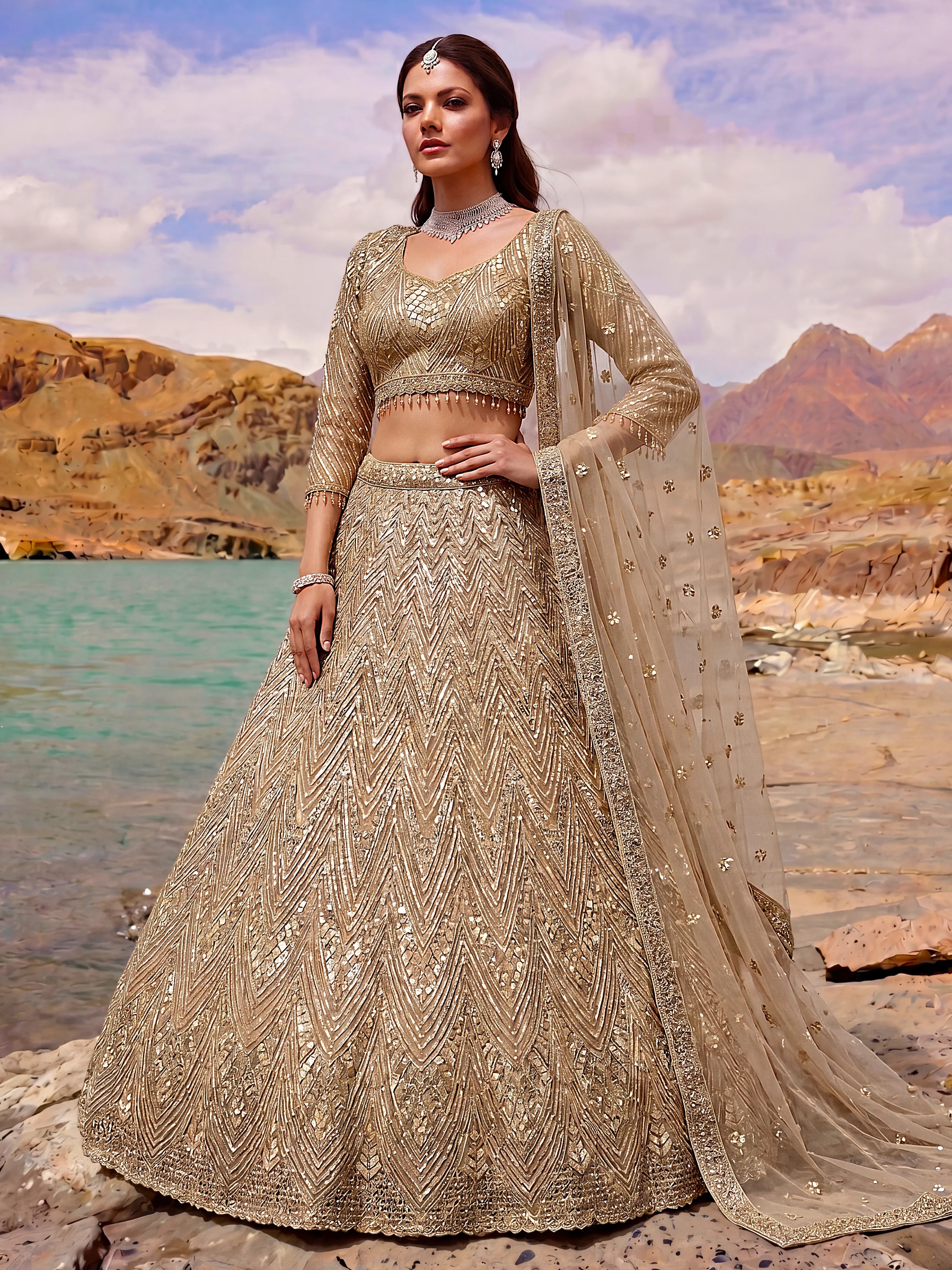 Luxiora Gold Sequins Art Net Reception Wear Lehenga Choli With Dupatta