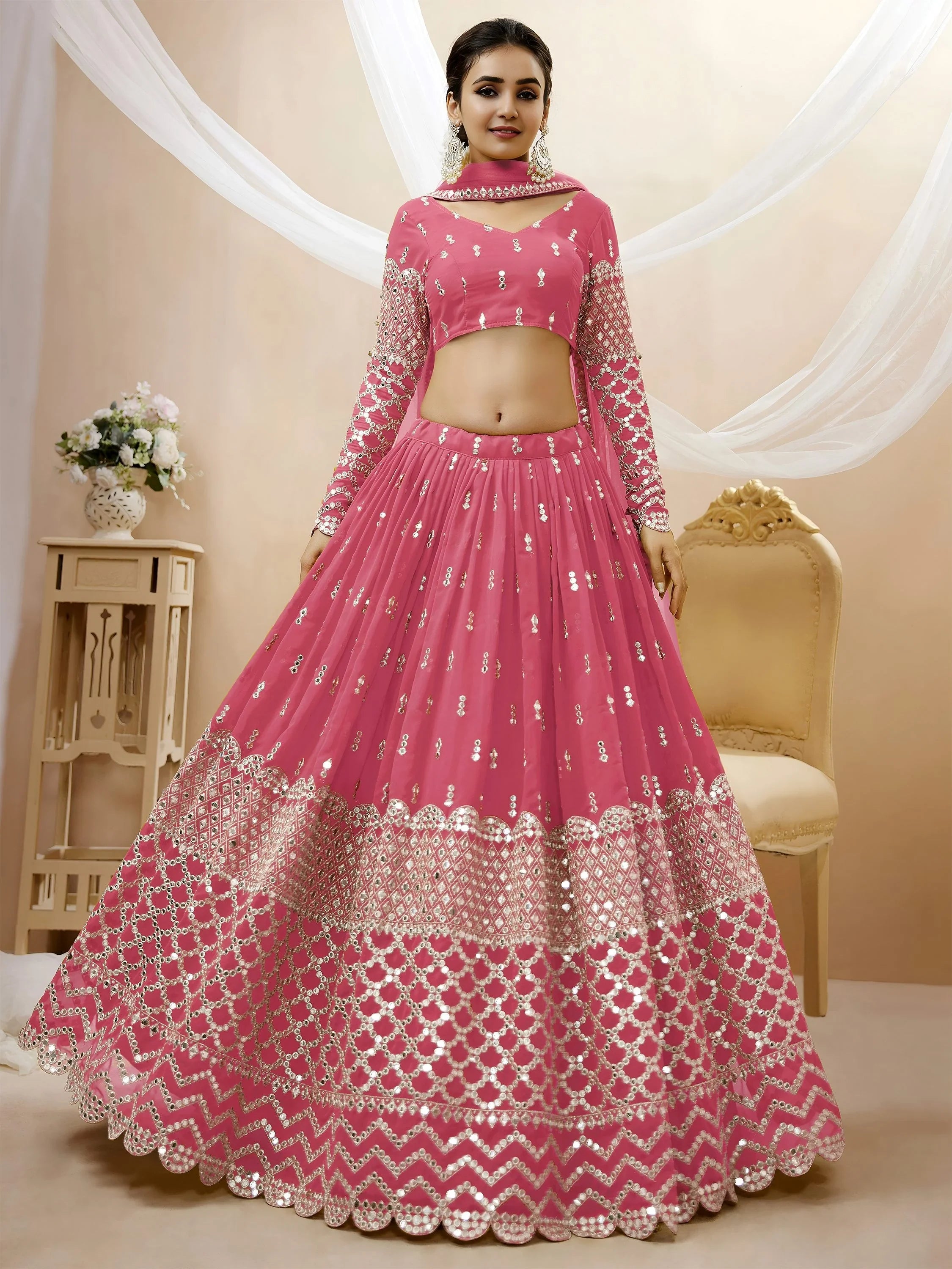 Glamorous Pink Sequins Georgette Engagement Wear Lehenga Choli
