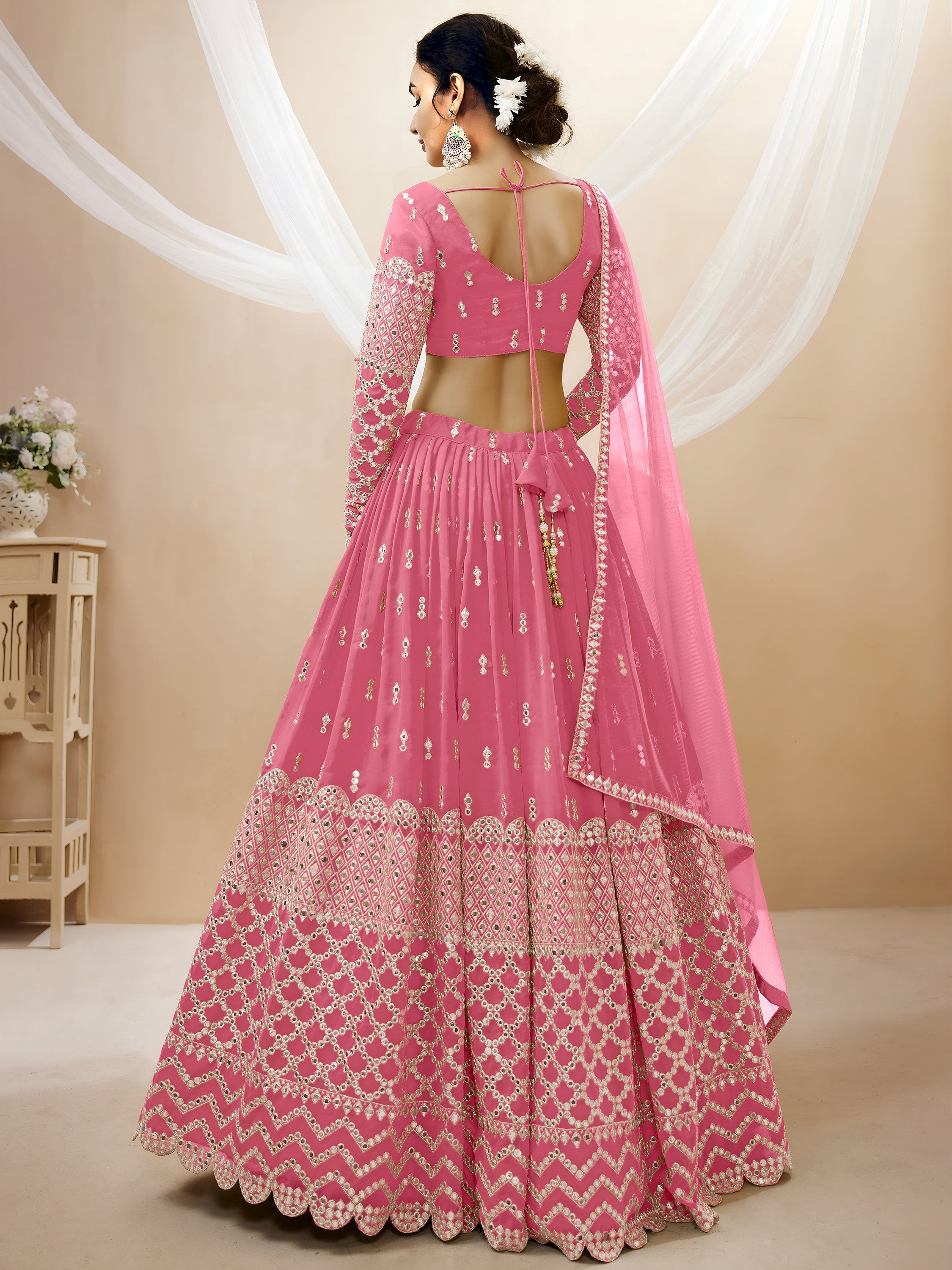 Glamorous Pink Sequins Georgette Engagement Wear Lehenga Choli