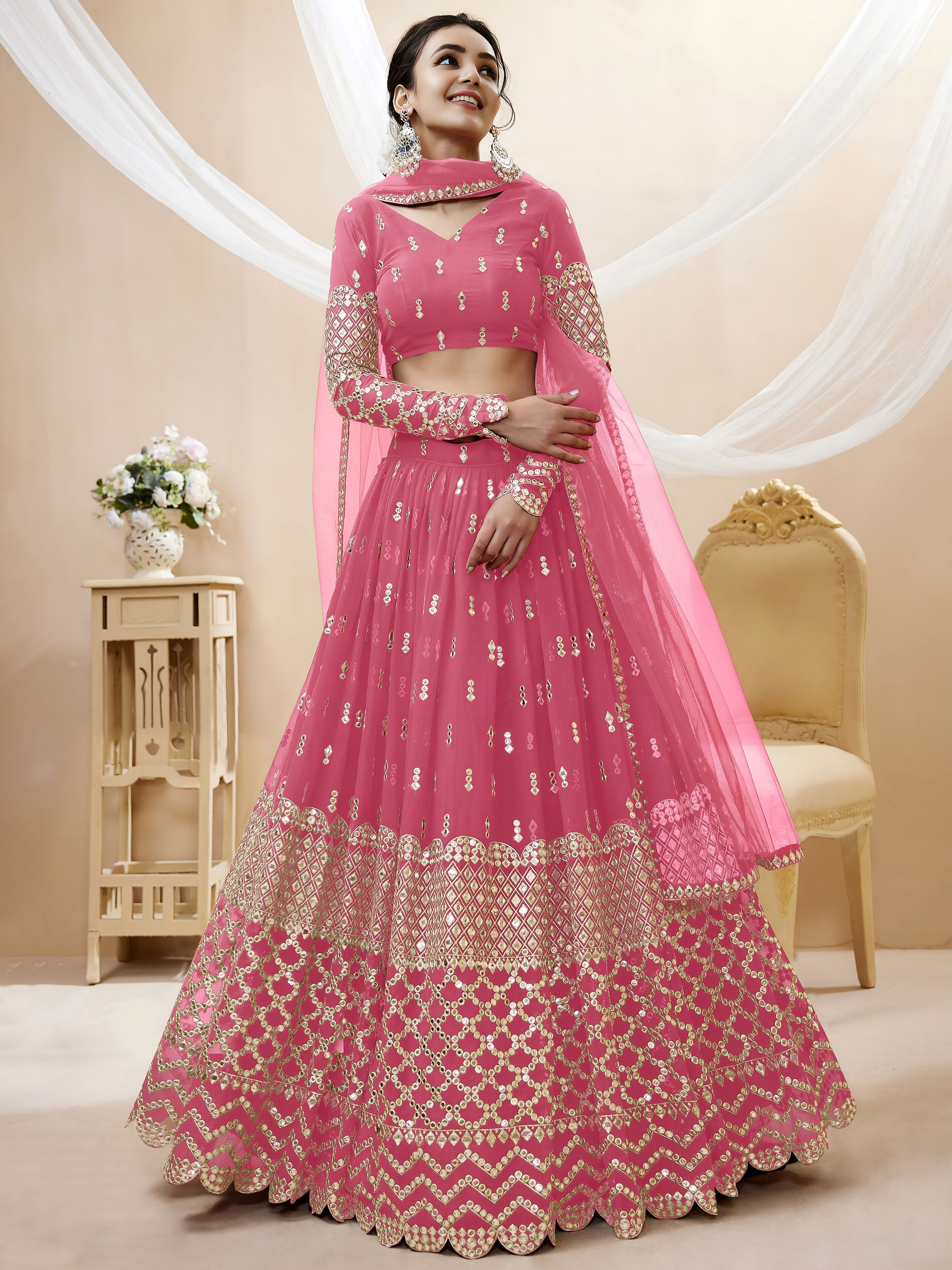 Glamorous Pink Sequins Georgette Engagement Wear Lehenga Choli