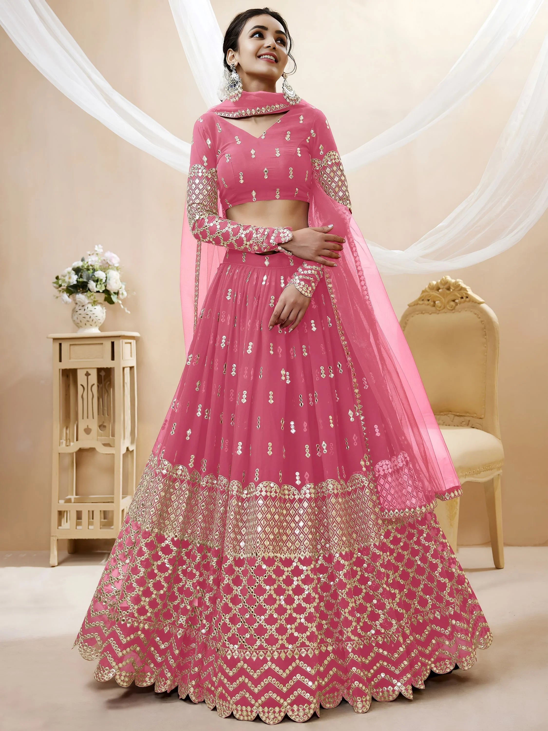 Glamorous Pink Sequins Georgette Engagement Wear Lehenga Choli