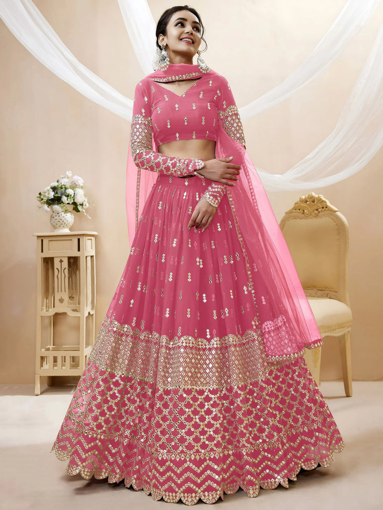 Glamorous Pink Sequins Georgette Engagement Wear Lehenga Choli