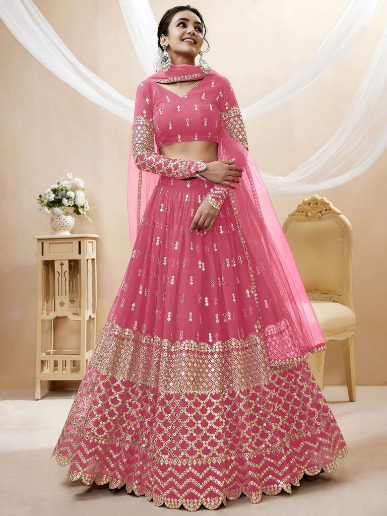 Pretty Pink Embroidered Georgette Bridesmaid Plus Size Lehenga Choli