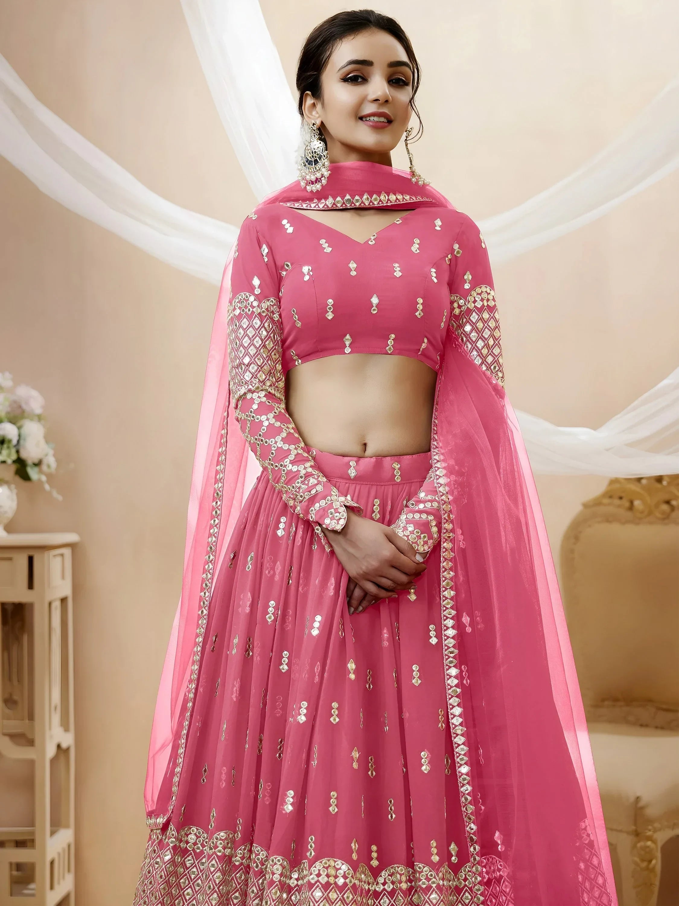 Glamorous Pink Sequins Georgette Engagement Wear Lehenga Choli