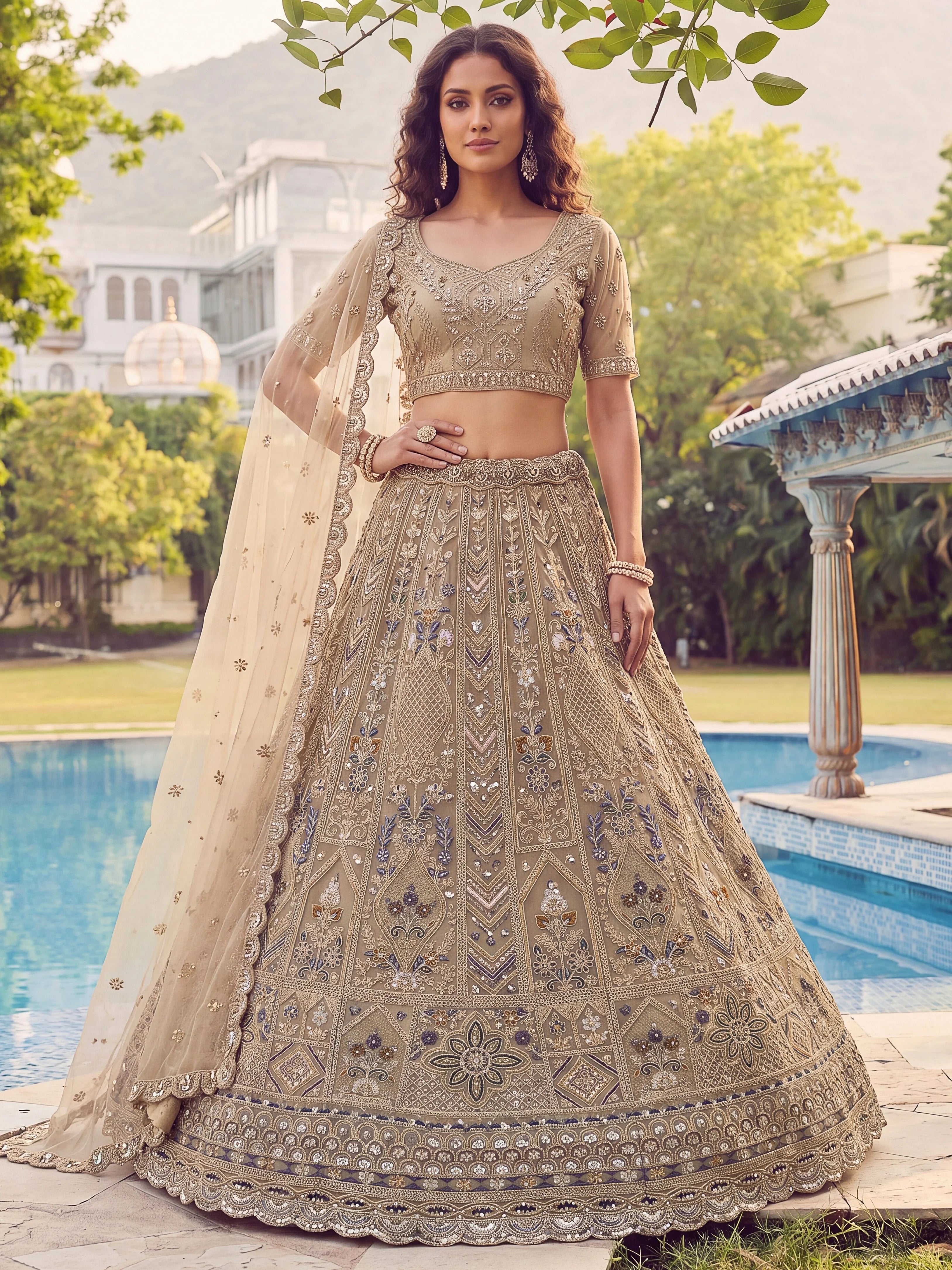 Shiny Beige Embroidered Net  Reception Wear Lehenga Choli With Dupatta