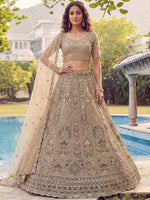 Shiny Beige Embroidered Net Reception Wear Lehenga Choli With Dupatta