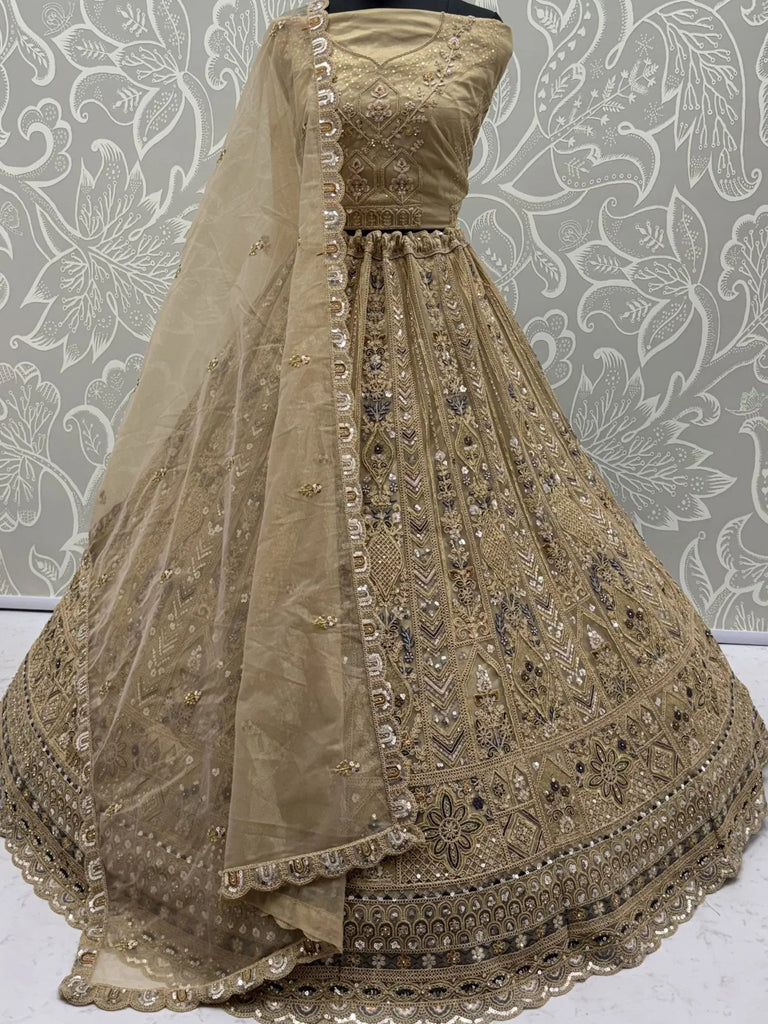 Shiny Beige Embroidered Net Reception Wear Lehenga Choli With Dupatta