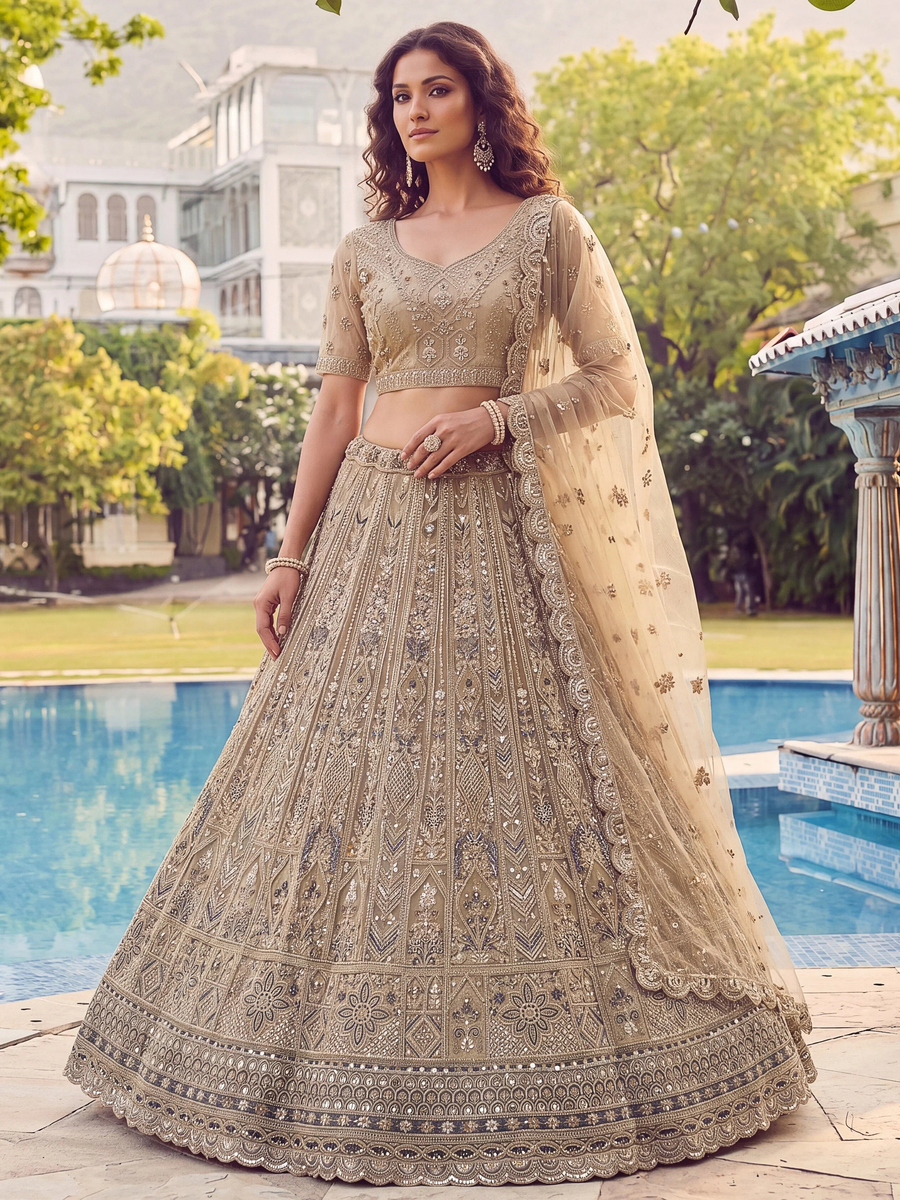 Shiny Beige Embroidered Net  Reception Wear Lehenga Choli With Dupatta