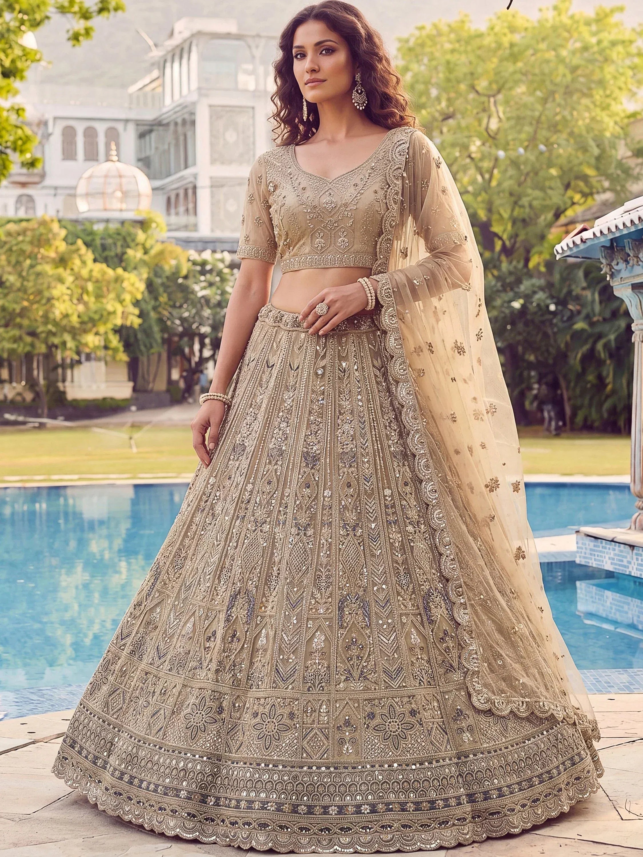 Shiny Beige Embroidered Net Reception Wear Lehenga Choli With Dupatta