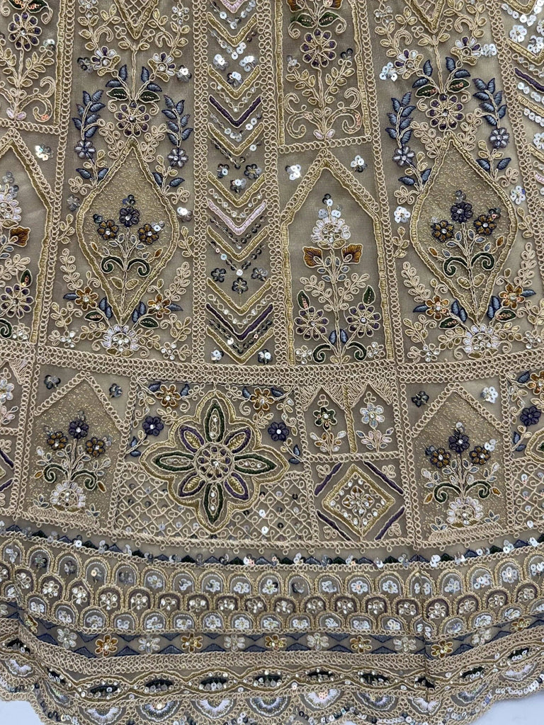 Shiny Beige Embroidered Net Reception Wear Lehenga Choli With Dupatta