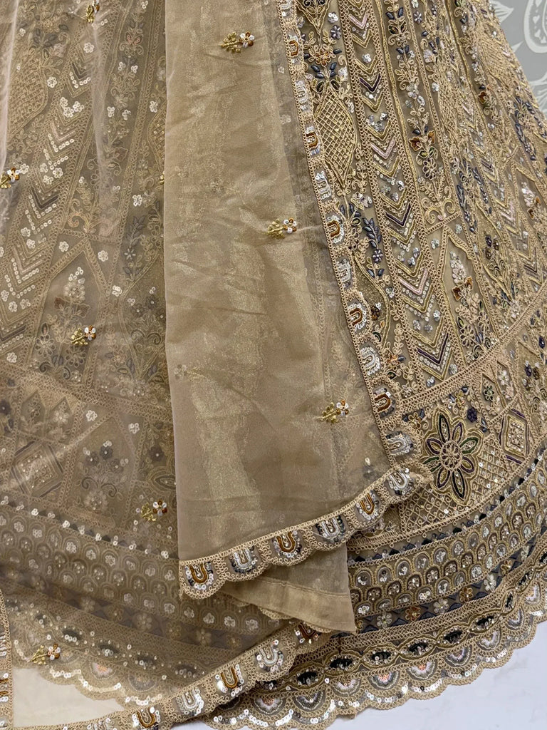 Shiny Beige Embroidered Net Reception Wear Lehenga Choli With Dupatta