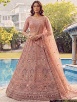 Glowing Peach Embroidered Net Wedding Wear Lehenga Choli with Dupatta