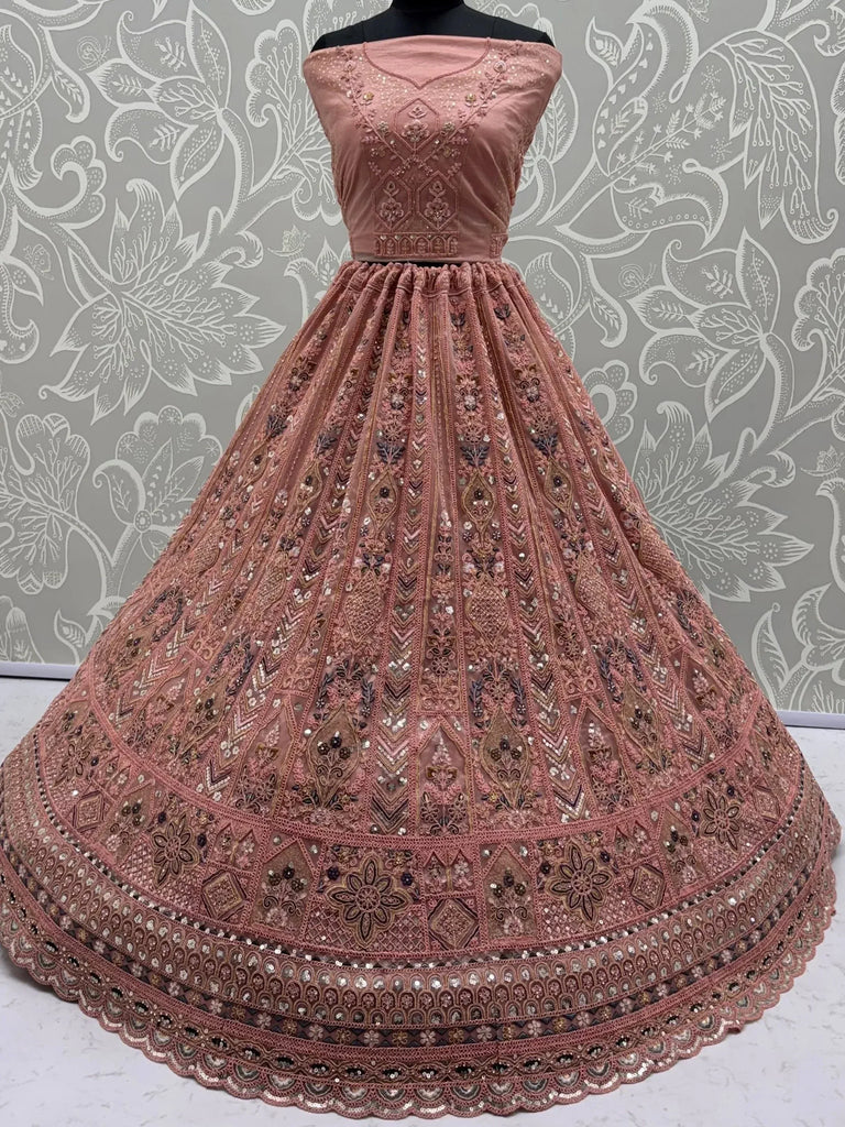Glowing Peach Embroidered Net Wedding Wear Lehenga Choli with Dupatta