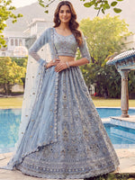 Incredible Blue Embroidered Net Party Wear Lehenga Choli with Dupatta