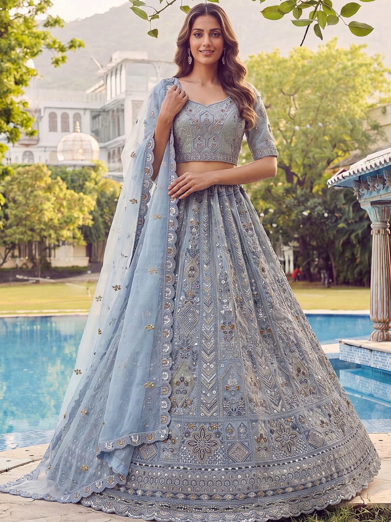 Incredible Blue Embroidered Net Party Wear Lehenga Choli with Dupatta
