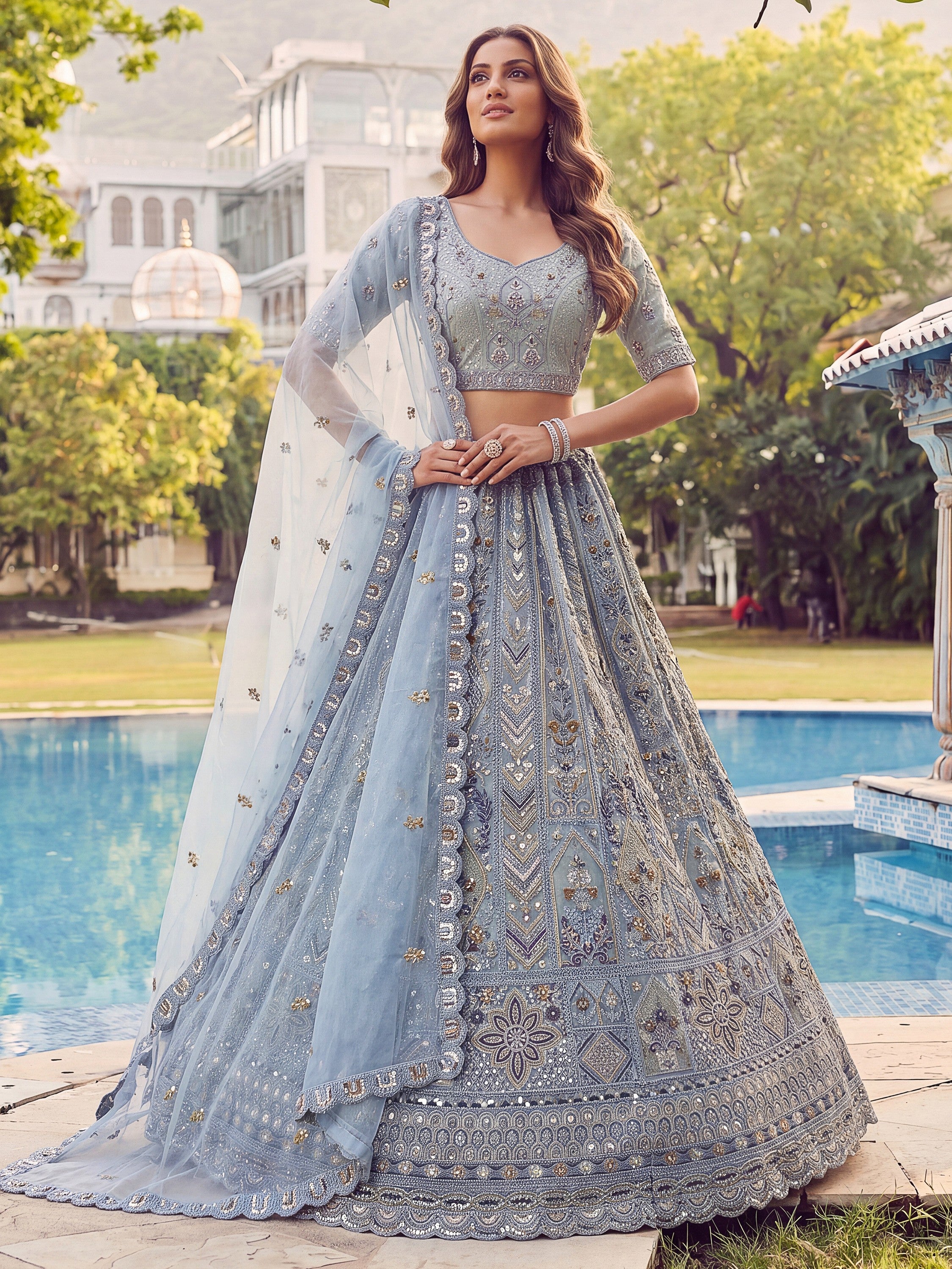 Incredible Blue Zari Embroidered Net Wedding Lehenga with Dupatta