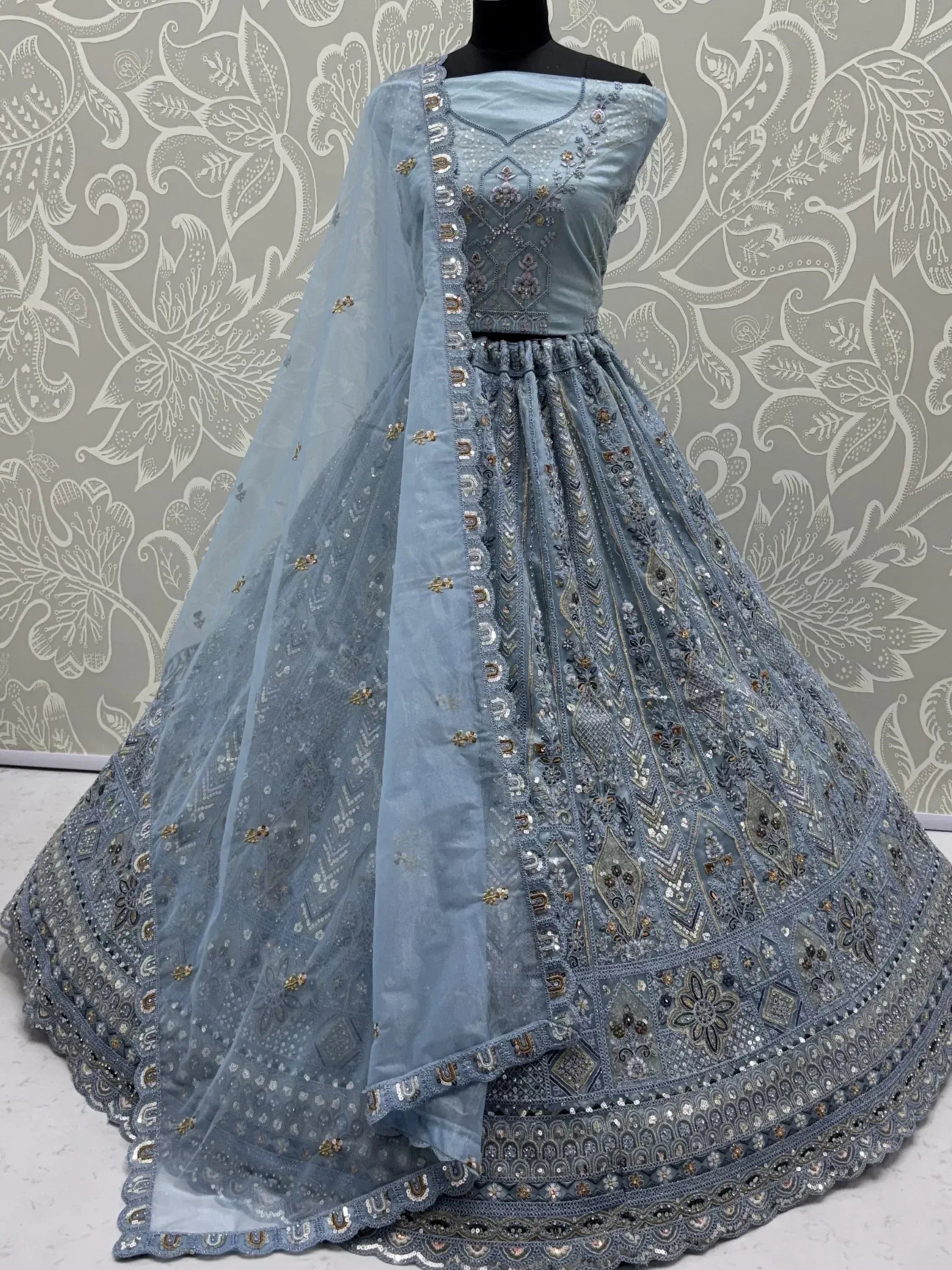 Incredible Blue Embroidered Net Party Wear Lehenga Choli with Dupatta