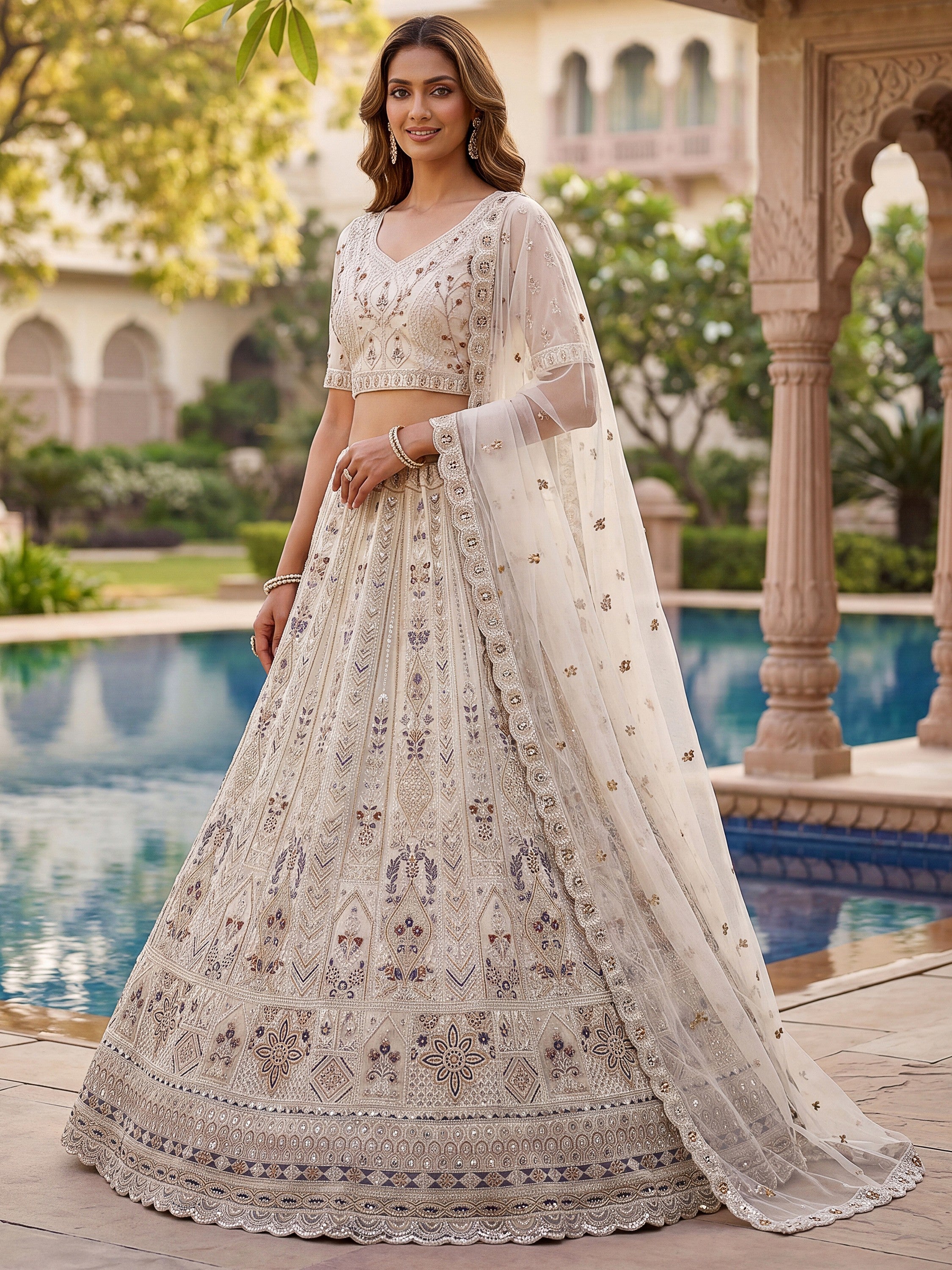 Charming Cream Zari Embroidered Net Reception Wear Lehenga Choli