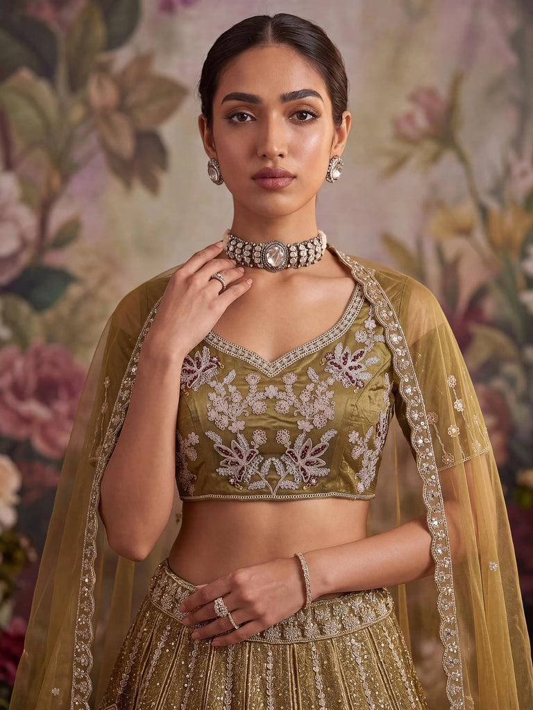 Dazzling Golden Multi Thread Work Net Reception Wear Lehenga Choli