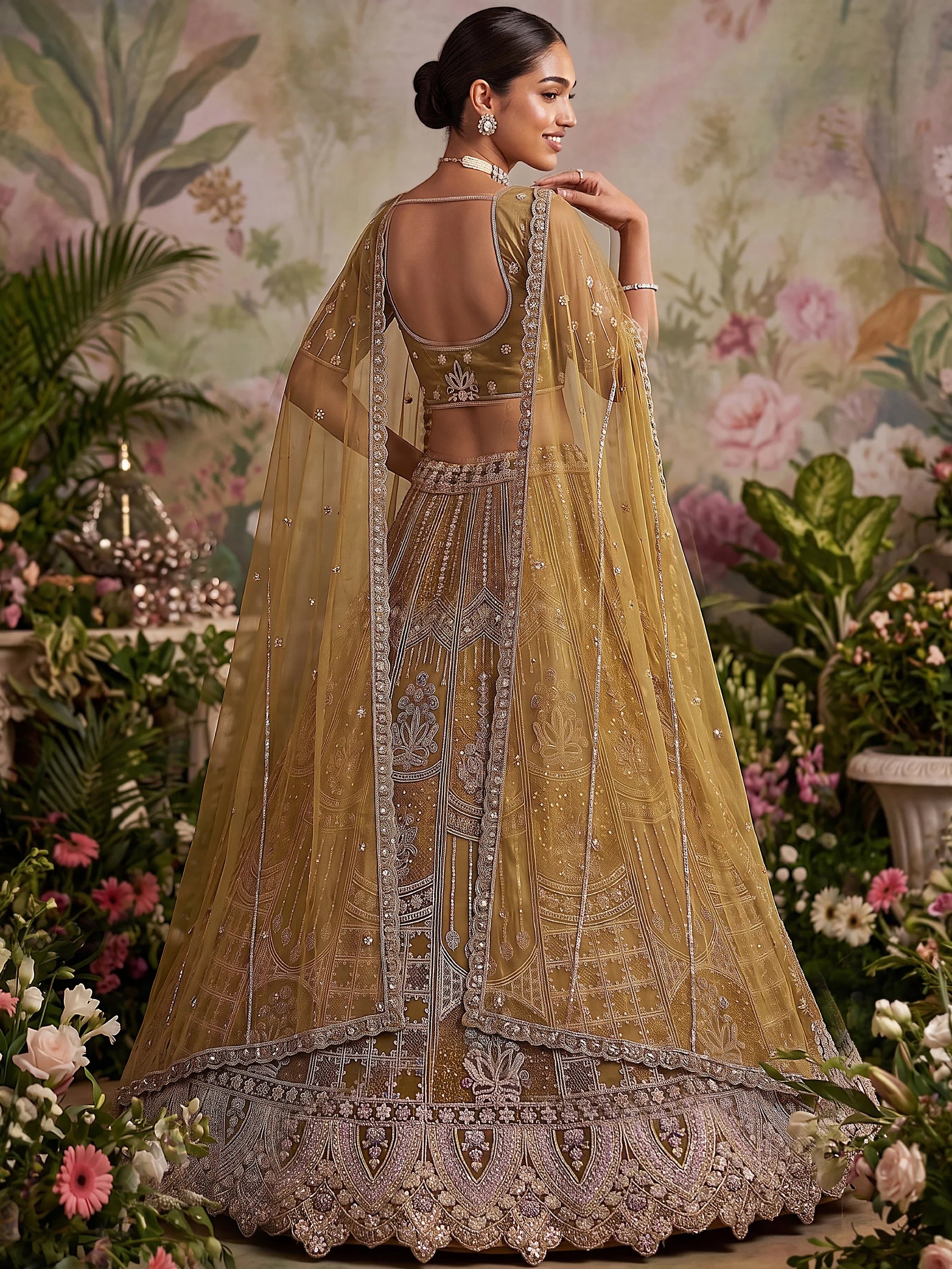 Dazzling Golden Multi Thread Work Net Reception Wear Lehenga Choli