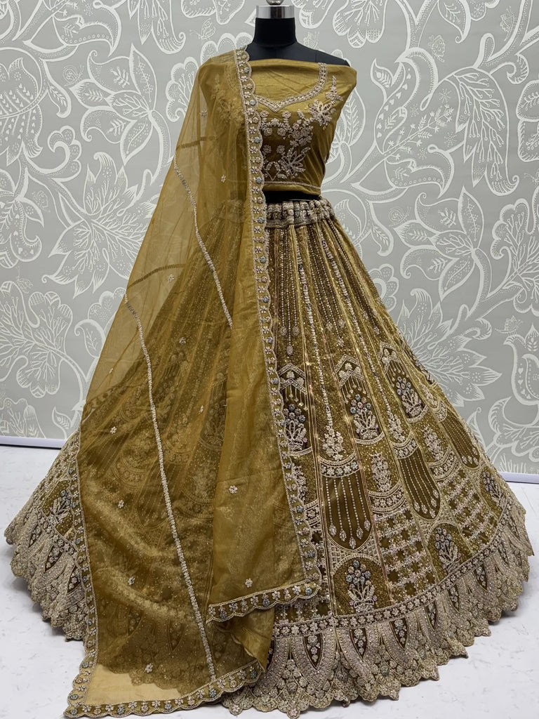 Dazzling Golden Multi Thread Work Net Reception Wear Lehenga Choli
