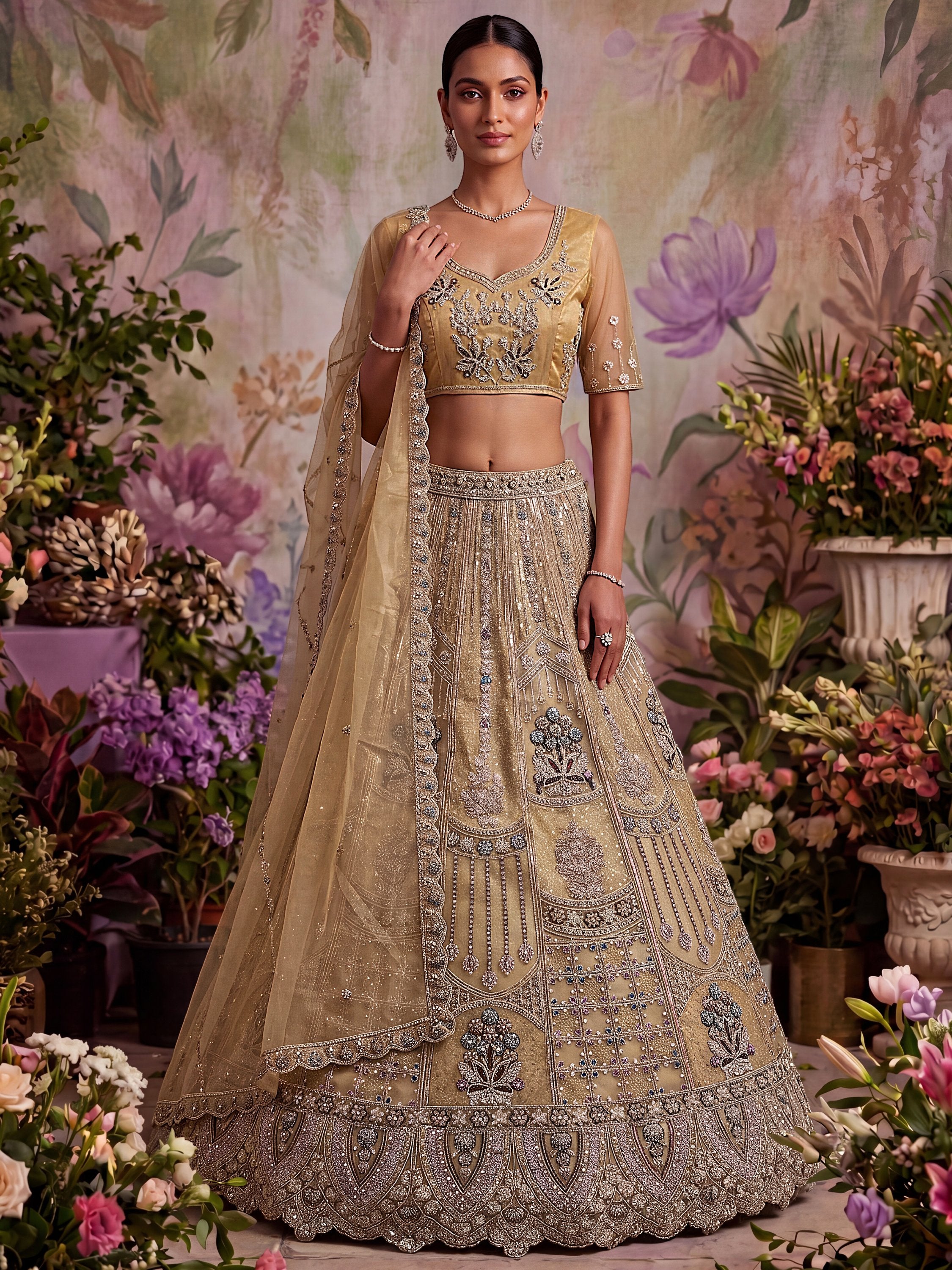 Royal Beige Zari Work Net Wedding Wear Lehenga Choli With Dupatta