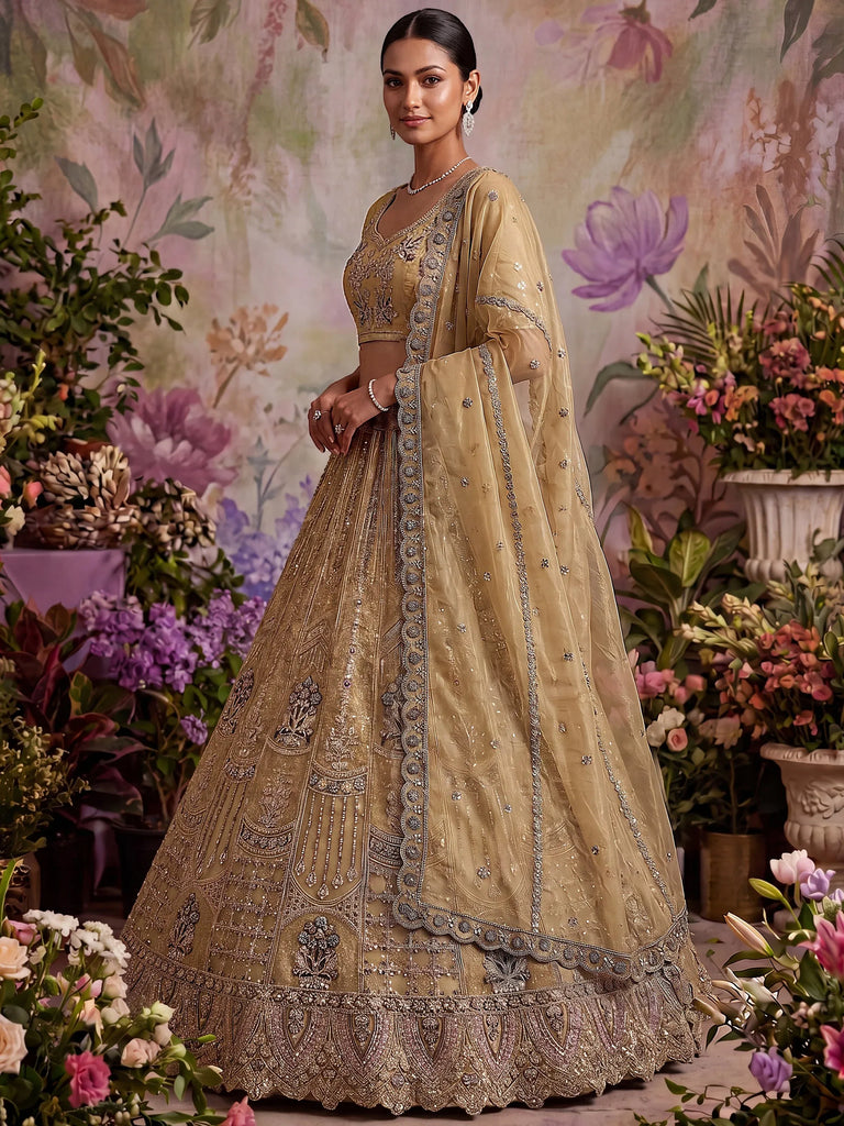 Royal Beige Zari Work Net Wedding Wear Lehenga Choli With Dupatta