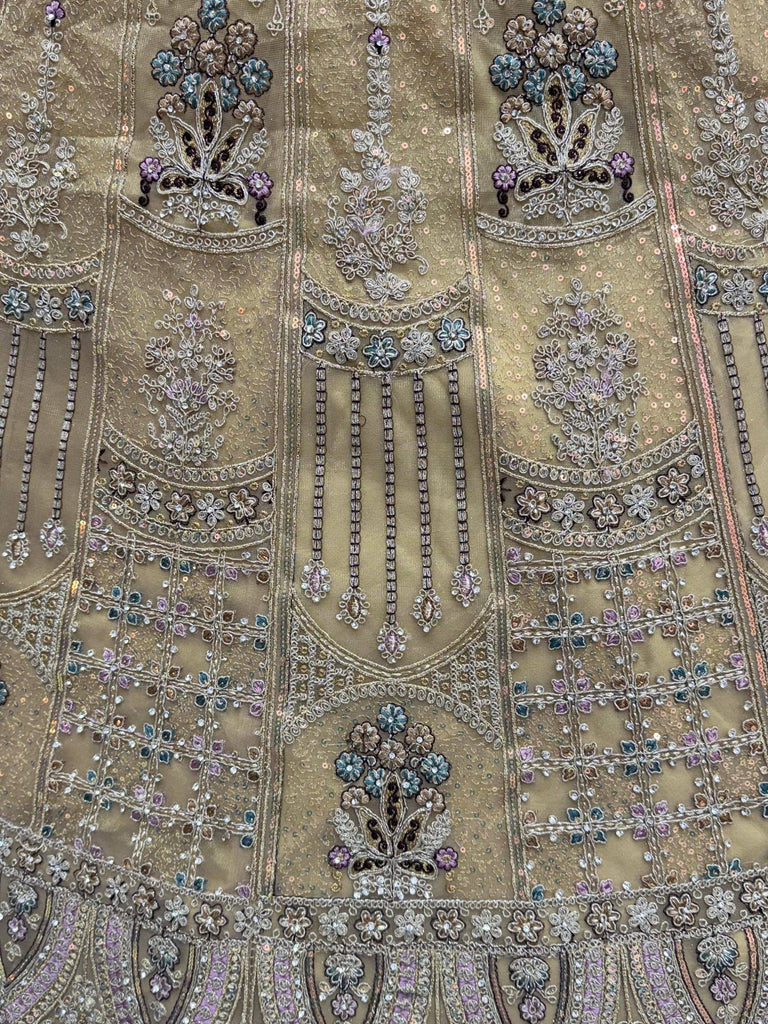 Royal Beige Zari Work Net Wedding Wear Lehenga Choli With Dupatta