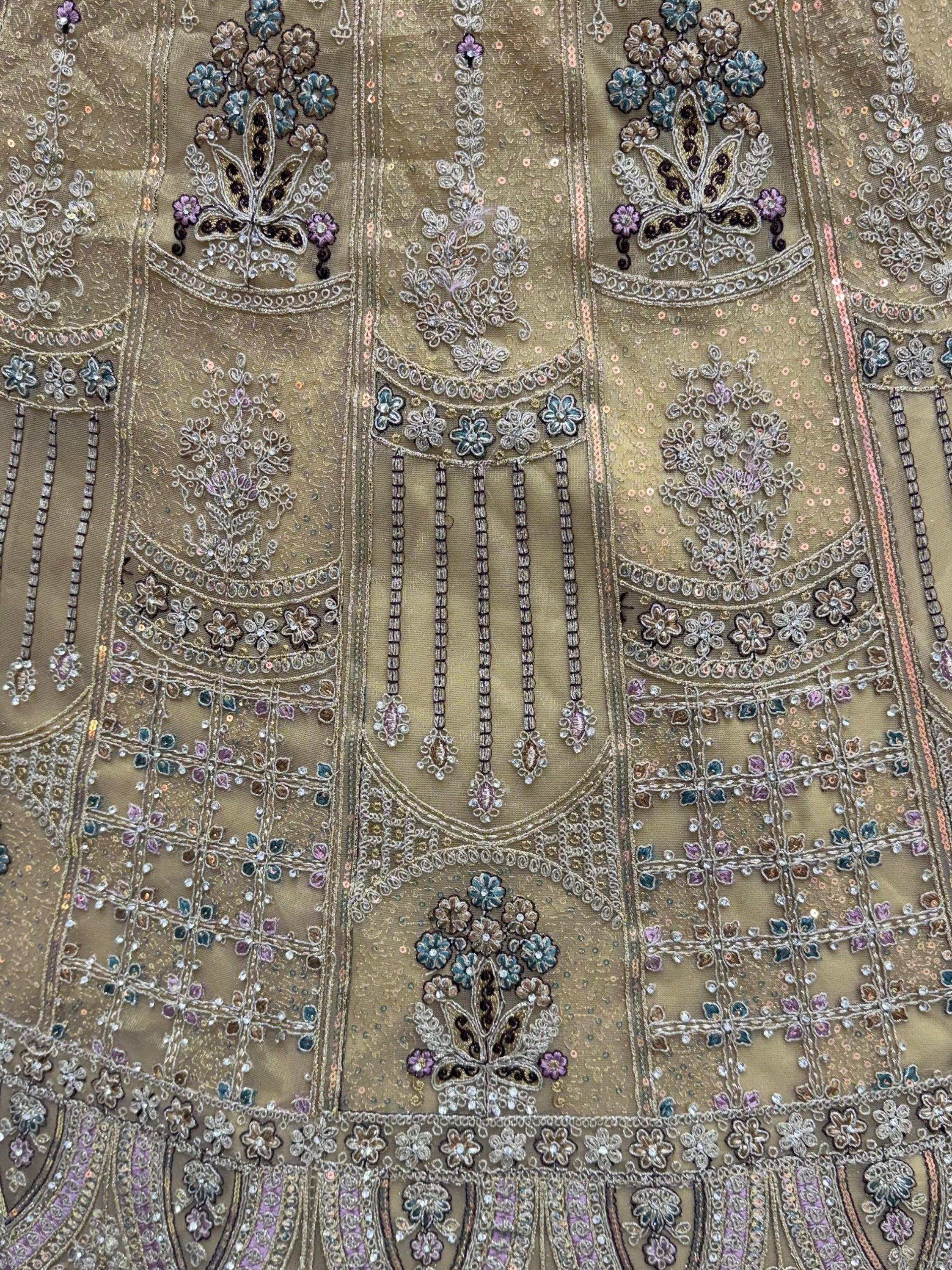 Royal Beige Zari Work Net Wedding Wear Lehenga Choli With Dupatta
