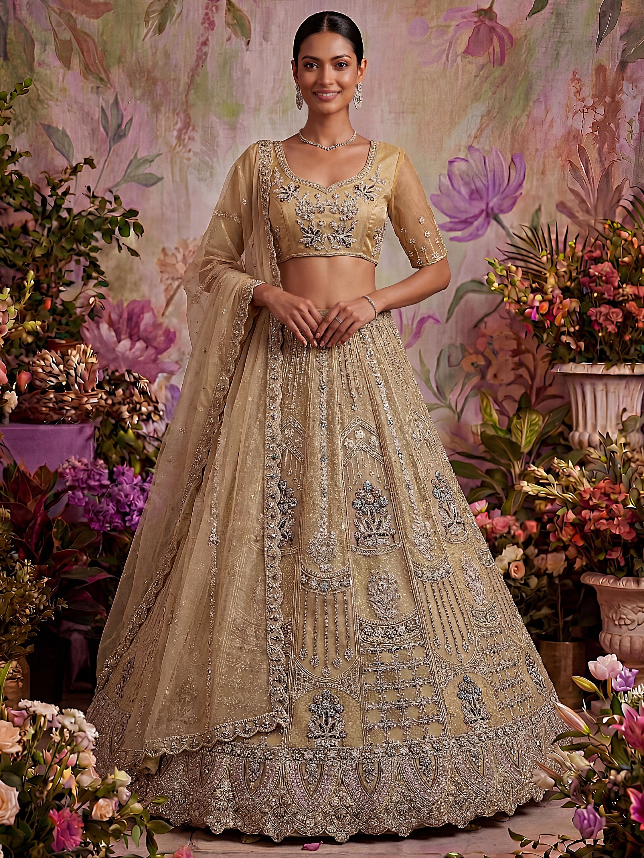 Royal Beige Zari Work Net Wedding Wear Lehenga Choli With Dupatta
