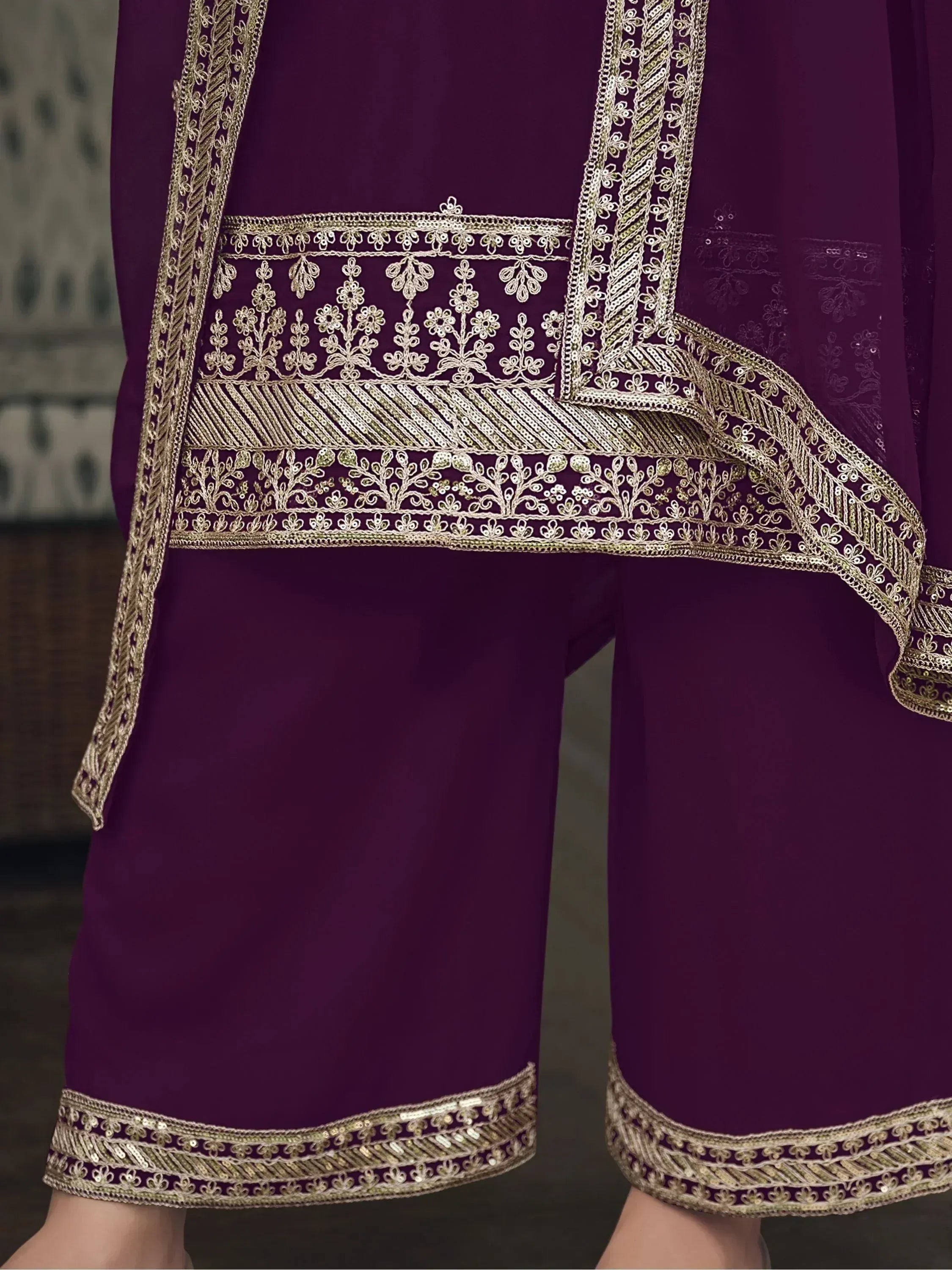 Purple ethnic palazzo suit with gold embroidery and floral border detailing