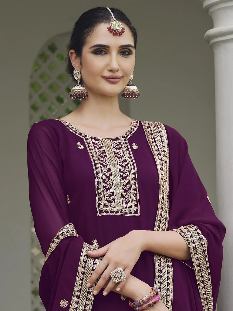 Alluring Purple Color Embroidered Georgette Event Wear Palazzo Suit
